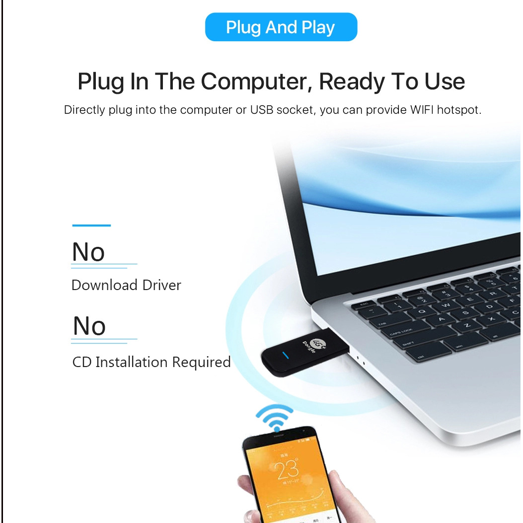 Ein USB-Dongle steckt im Laptop, bietet WLAN ohne Treiber oder CD.