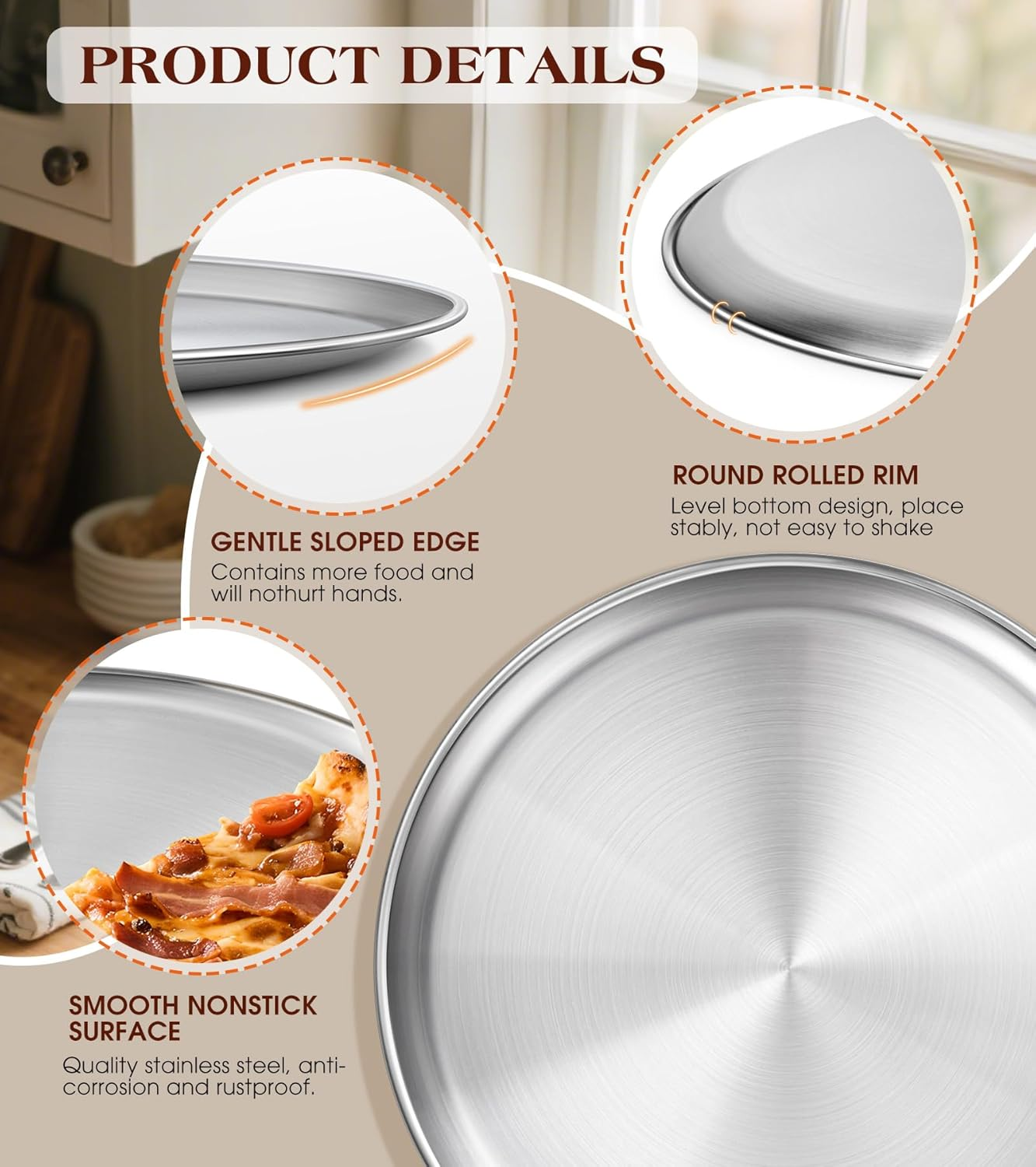 Produktdetails für Edelstahl-Pizzateller mit Rand und glatter Oberfläche.