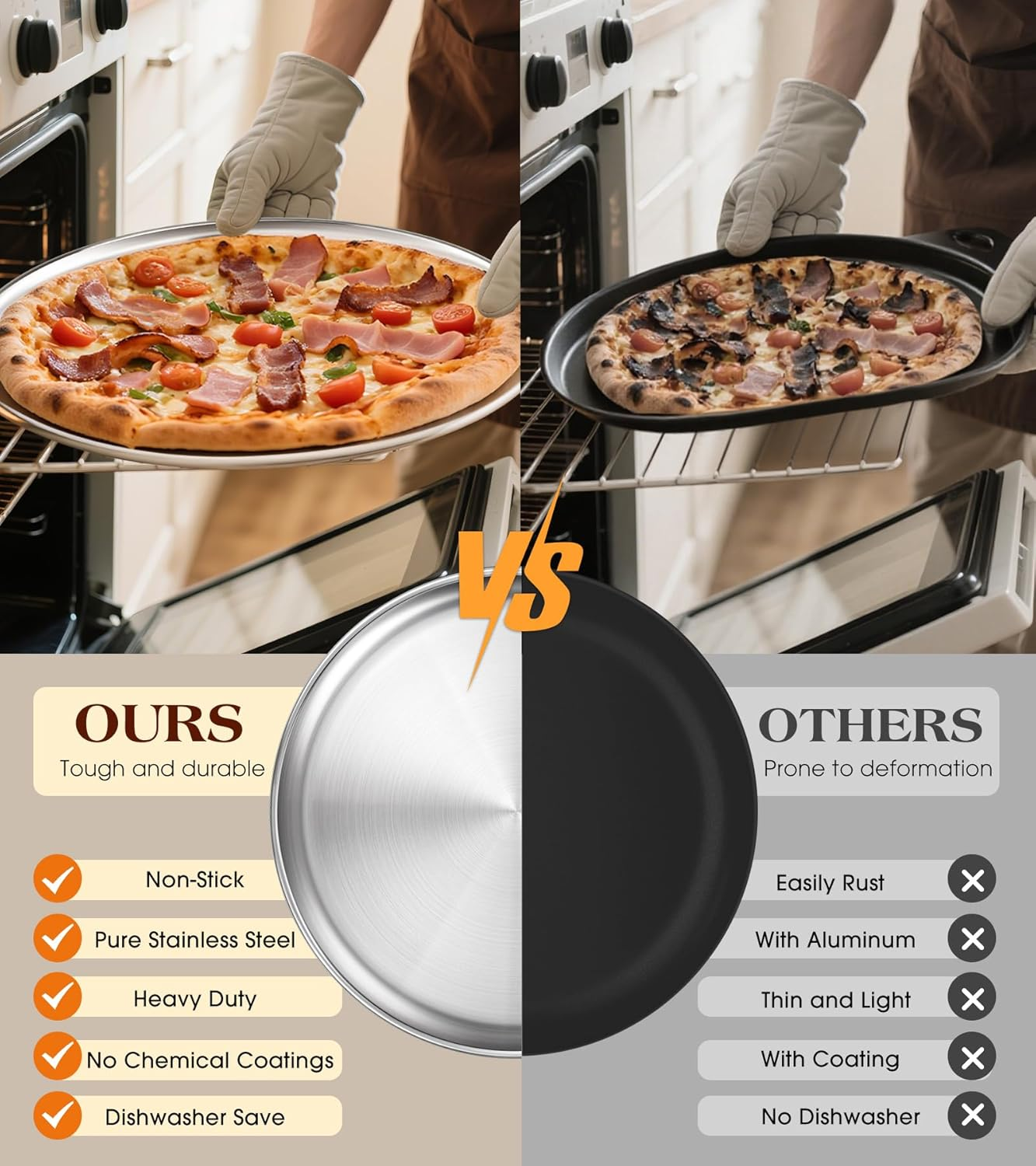 Vergleich zweier Backbleche: Eine Edelstahlform bäckt perfekt, eine dunkle andere verbrennt die Pizza.