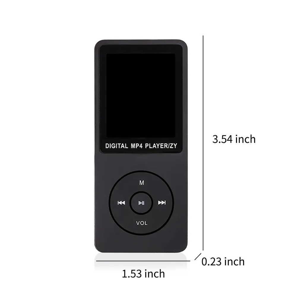 Ein schwarzer digitaler MP4-Player mit den Maßen 3,54 x 1,53 Zoll auf weißem Hintergrund.