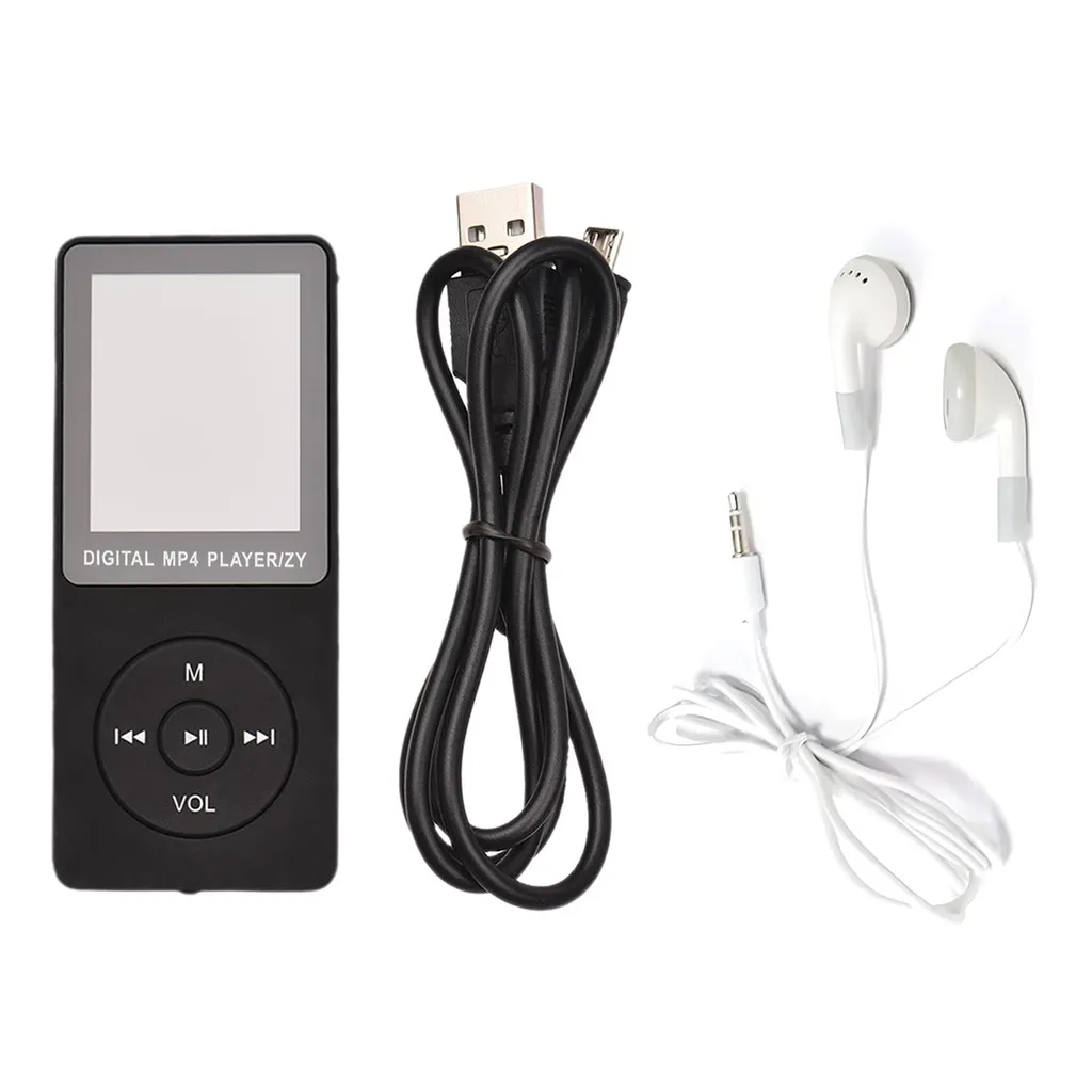 Ein schwarzer MP4-Player, ein gekringeltes schwarzes USB-Kabel und weiße Kopfhörer auf weißem Hintergrund.