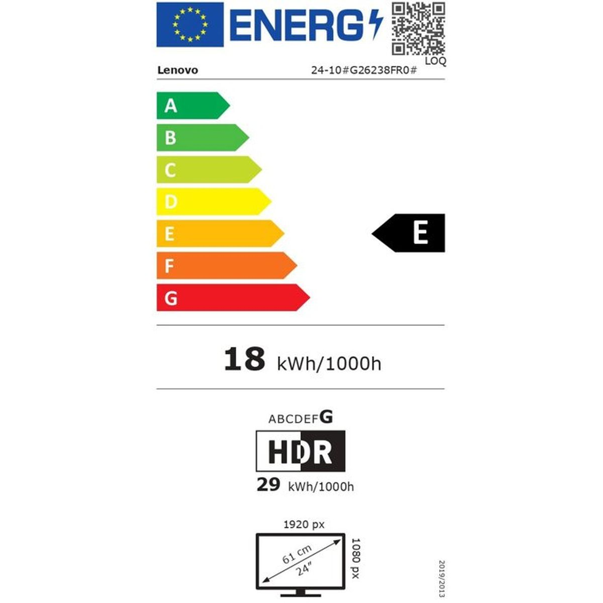 Etiqueta energética de la UE de Lenovo para un monitor de 24 pulgadas con clase de eficiencia E y HDR.