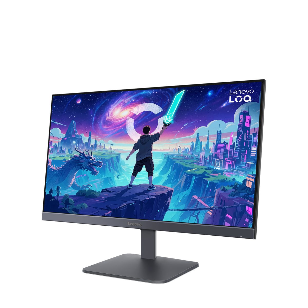 Un monitor de juegos Lenovo LOQ muestra un colorido paisaje fantástico con un personaje sosteniendo una espada brillante.