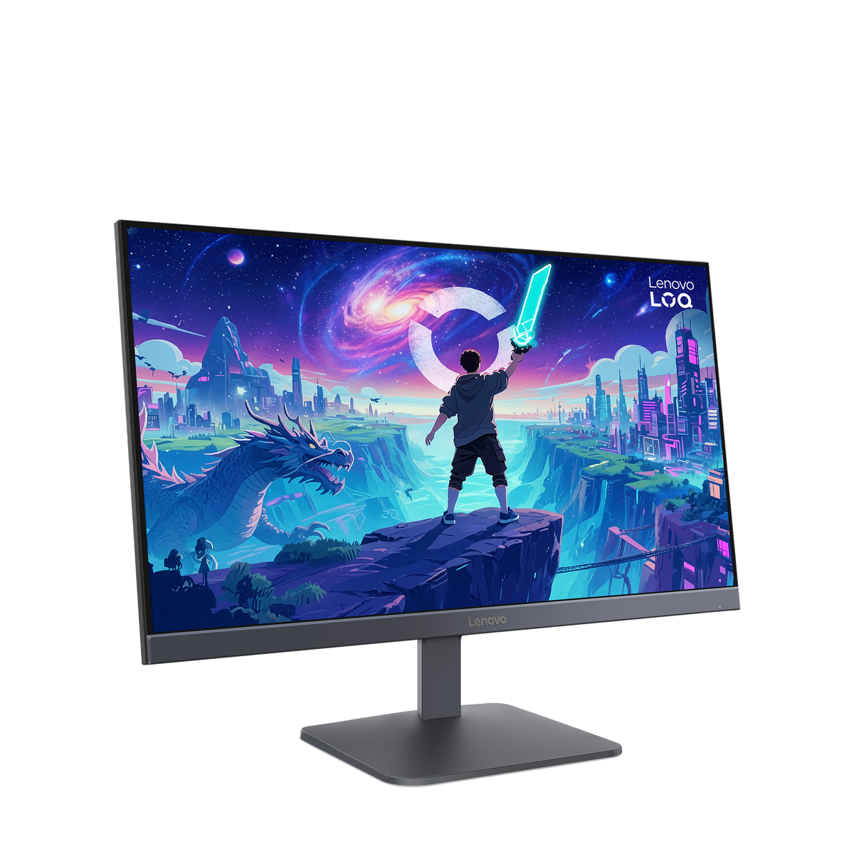 Un monitor Lenovo LOQ muestra una escena de fantasía vibrante con un dragón, una ciudad y un guerrero con espada brillante.