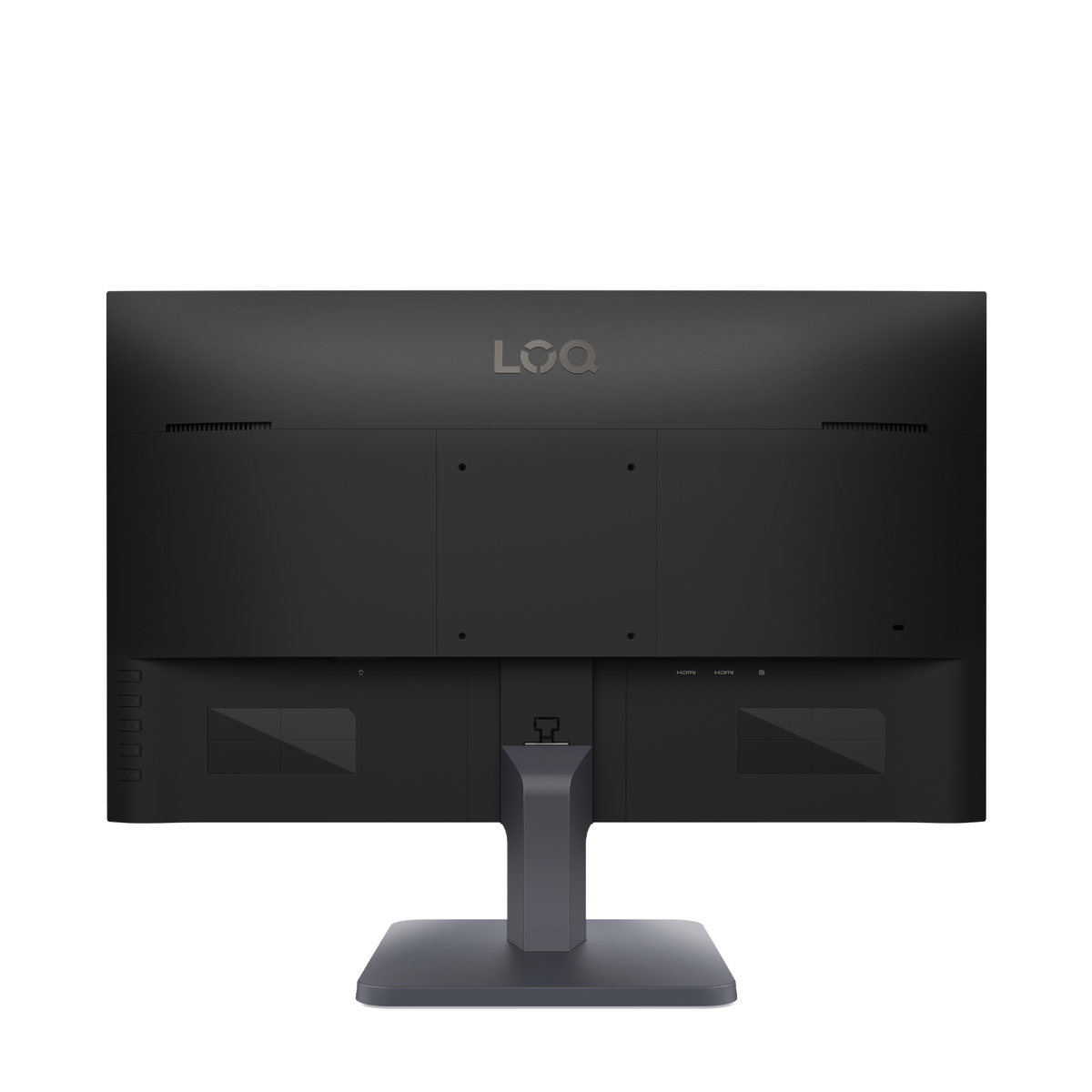 Vista trasera de un monitor negro LOQ con soporte sobre fondo negro.