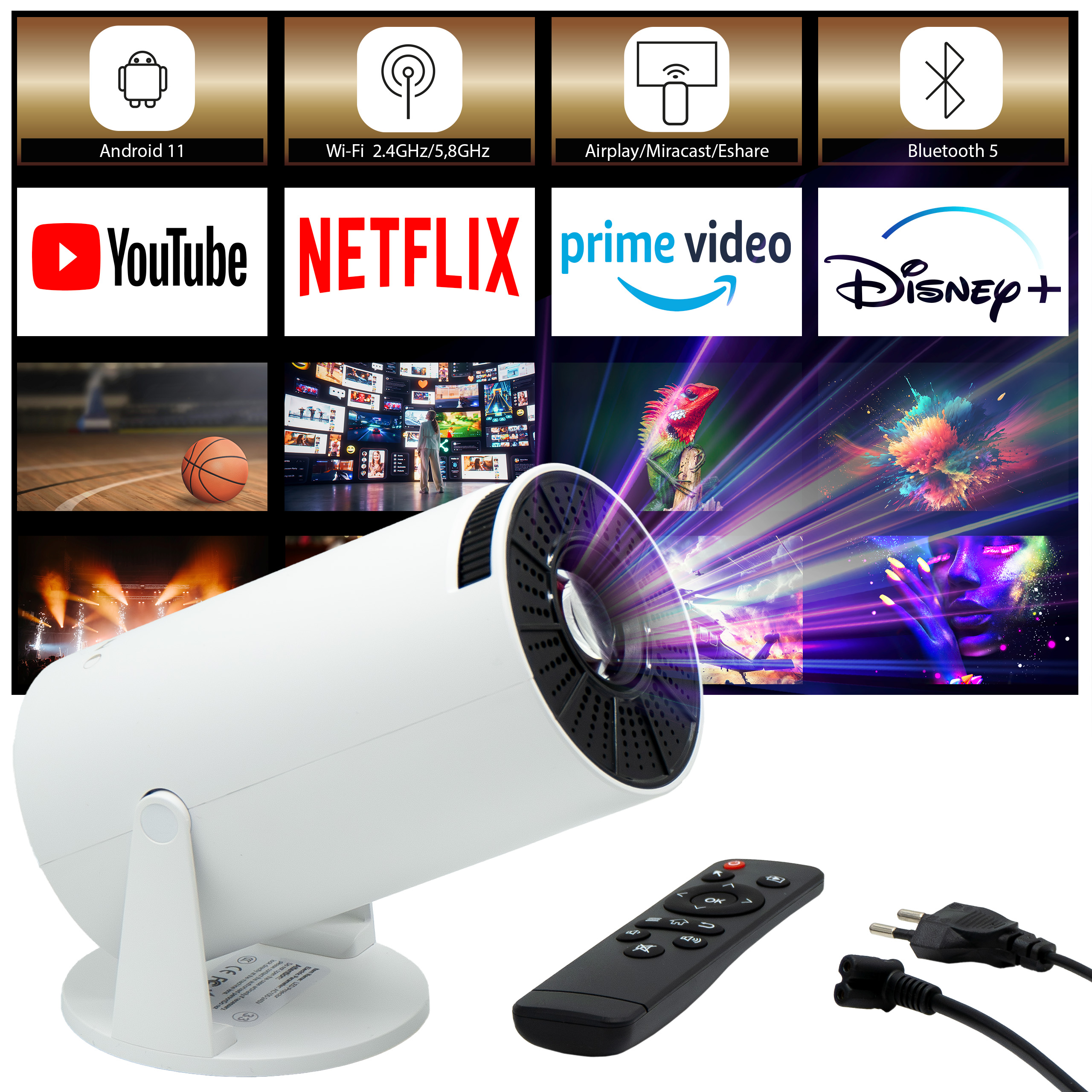 Weißer Projektor mit Fernbedienung, Netzkabel und Symbolen für Android, WLAN, Bluetooth sowie Streaming-Apps.
