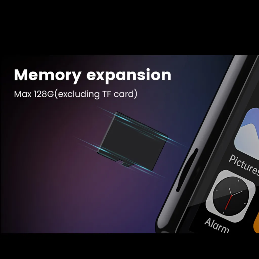 Speichererweiterung bis zu 128 GB mit einer TF-Karte, dargestellt neben einem Smartphone.