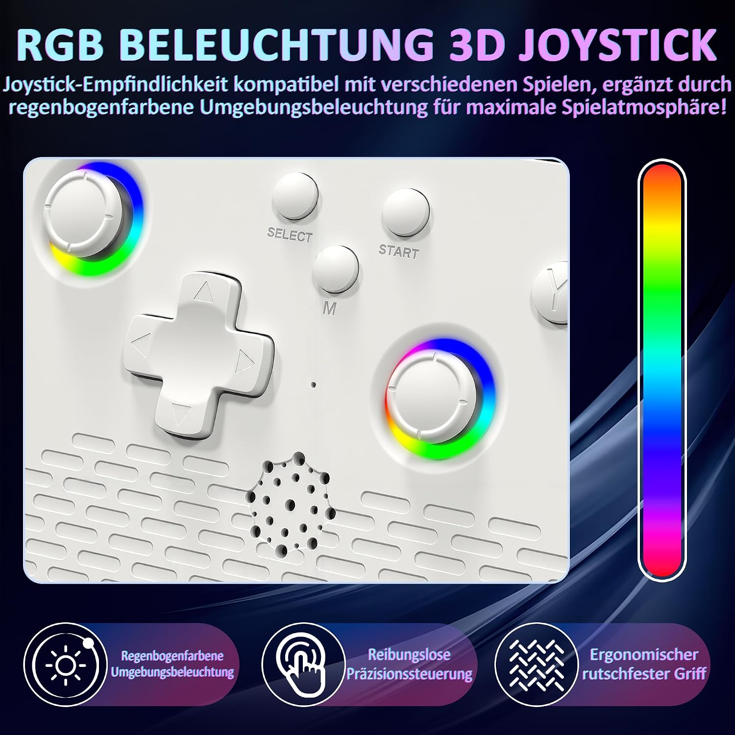 Weißer Controller mit RGB-Beleuchtung, D-Pad, Joysticks, Select- und Start-Tasten.