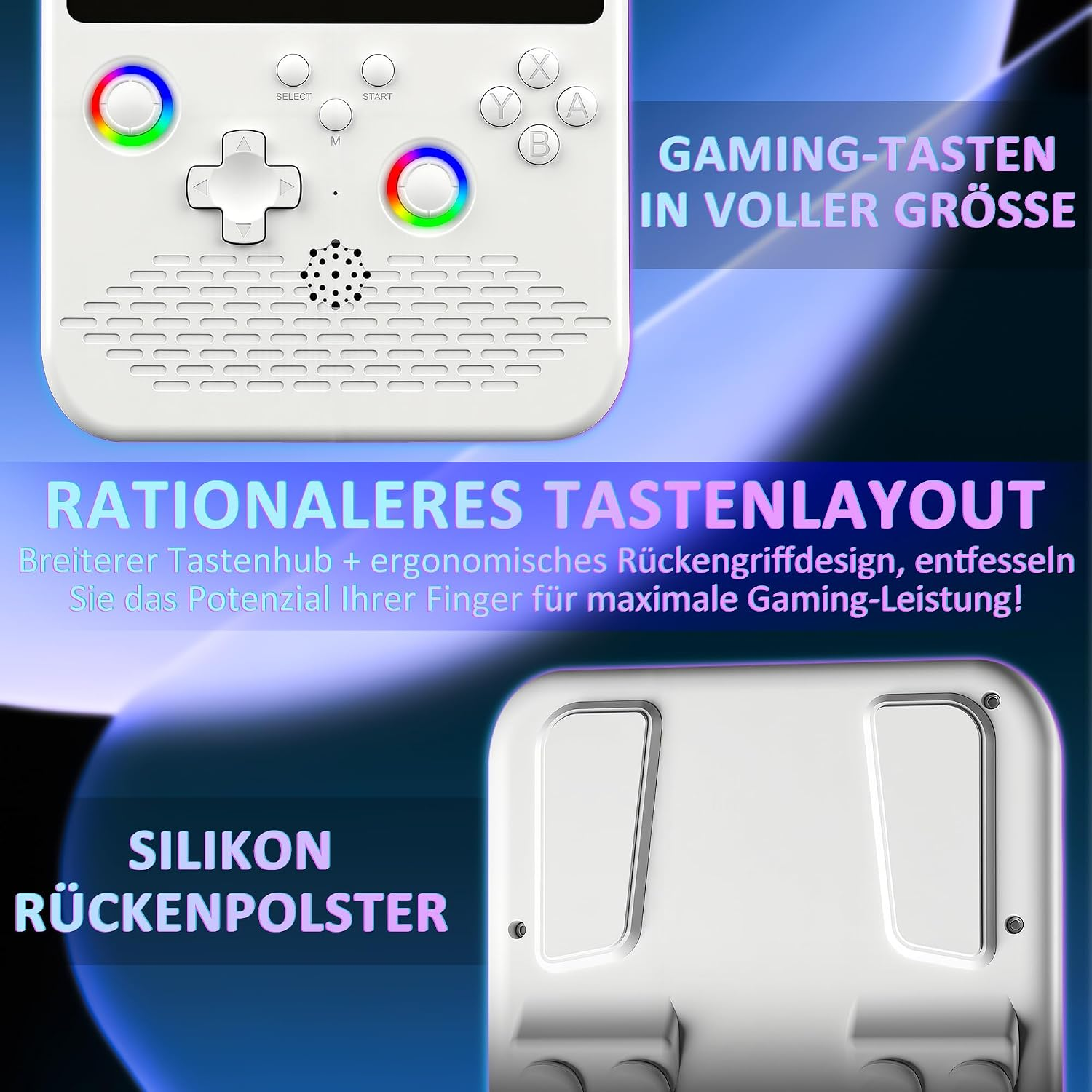 Weisse Spielekonsole mit D-Pad, bunten Joysticks, Aktionstasten und Silikon-Rueckenpolstern.