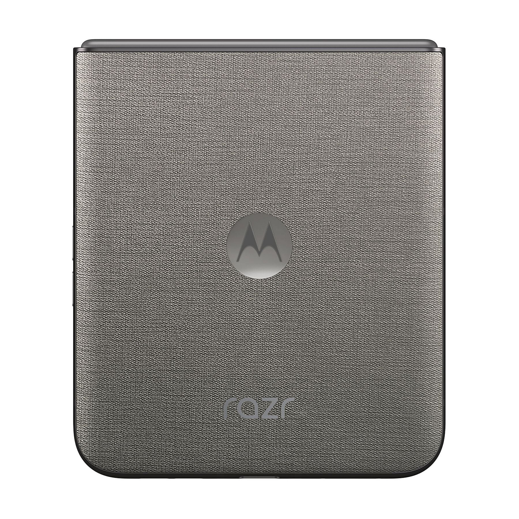 Smartphone Motorola Razr gris cerrado por detrás, mostrando el logotipo de Motorola y la marca razr.