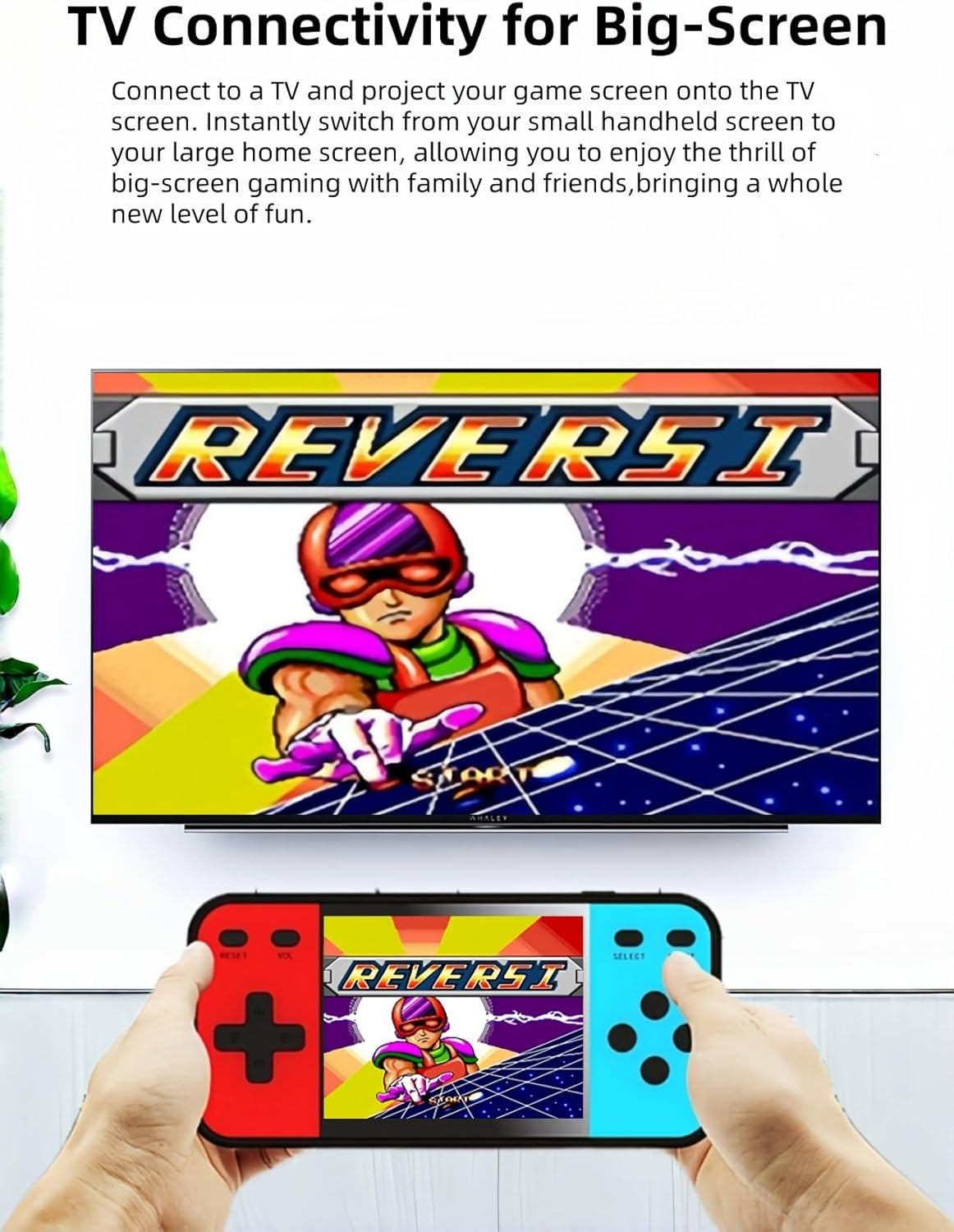 Ein Handheld-Konsole verbunden mit einem grossen Fernseher, der ein Retro-Reversi-Spiel zeigt.