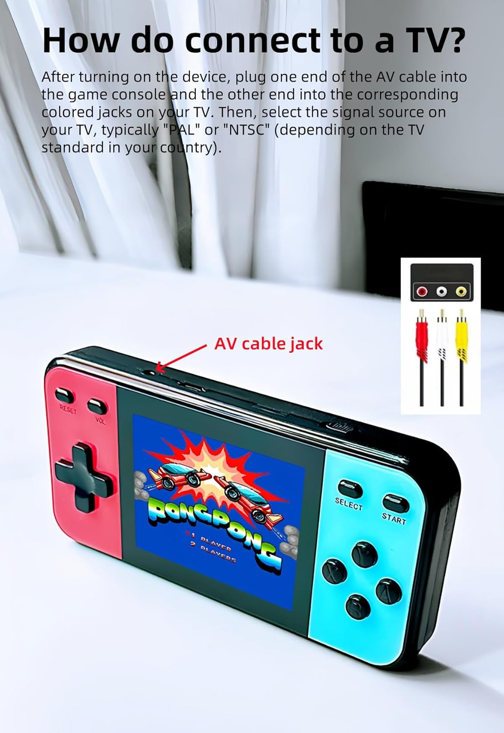 Handgehaltene Spielekonsole mit AV-Kabel-Anweisungen und Anschlussdiagramm.