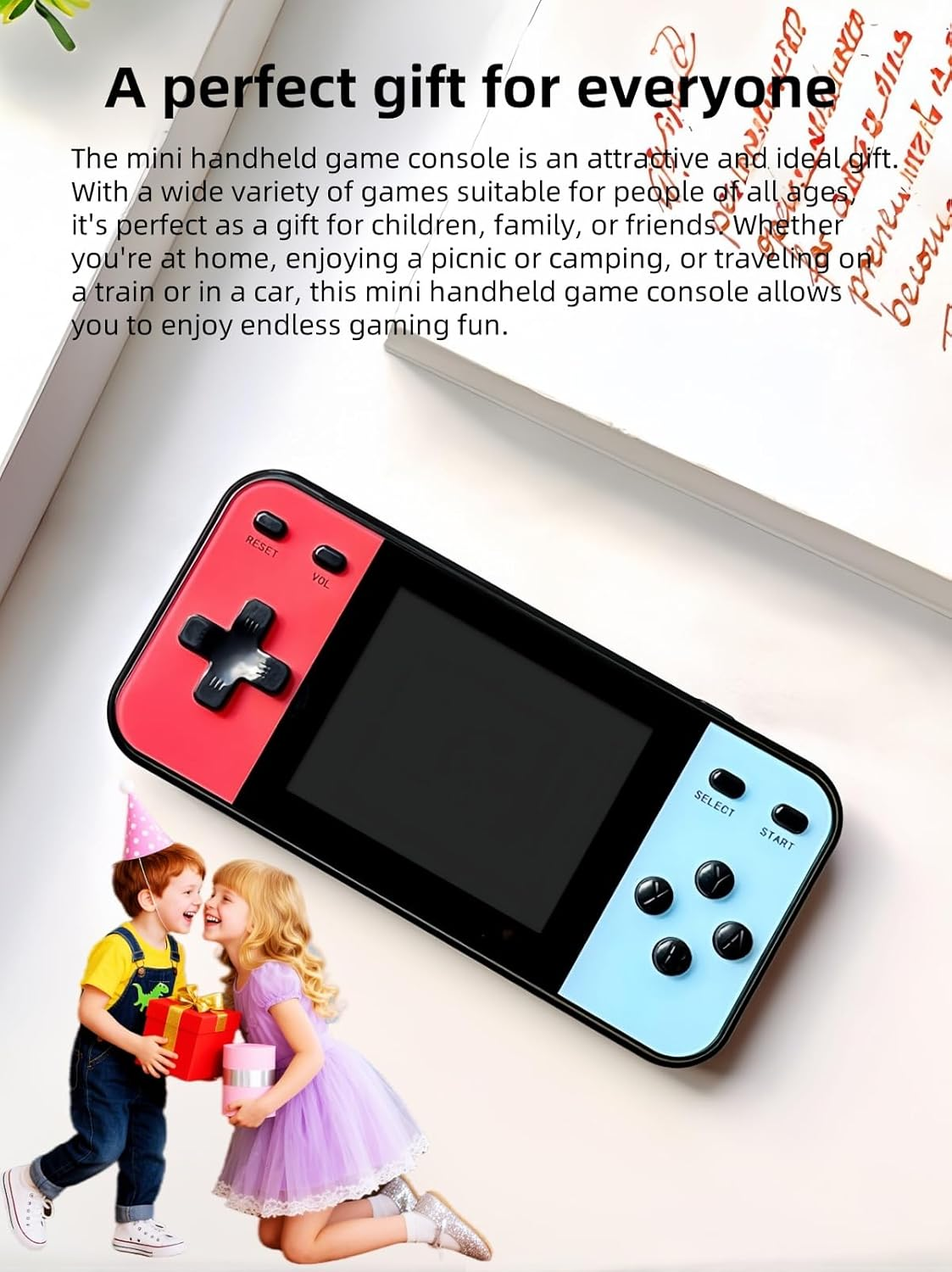 Eine rot-blaue Mini-Handheld-Spielkonsole mit Text und spielenden Kindern auf weißem Hintergrund.