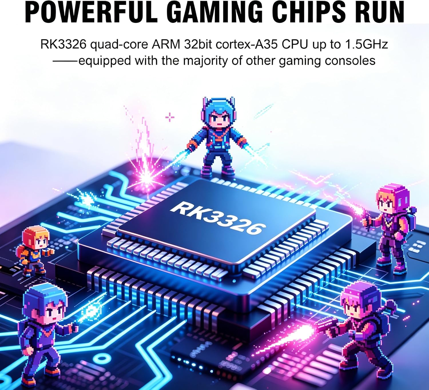Pixel-Art-Charaktere stehen auf einem blauen Mikrochip mit der Aufschrift RK3326 und leuchtenden Linien.