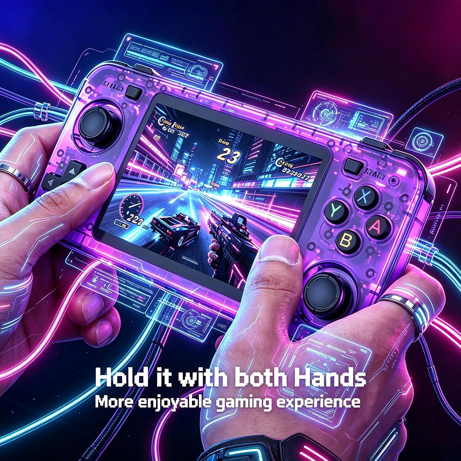 Lila transparente Handheld-Spielekonsole, die von Händen gehalten wird, mit neonblauem Cyberpunk-Hintergrund.