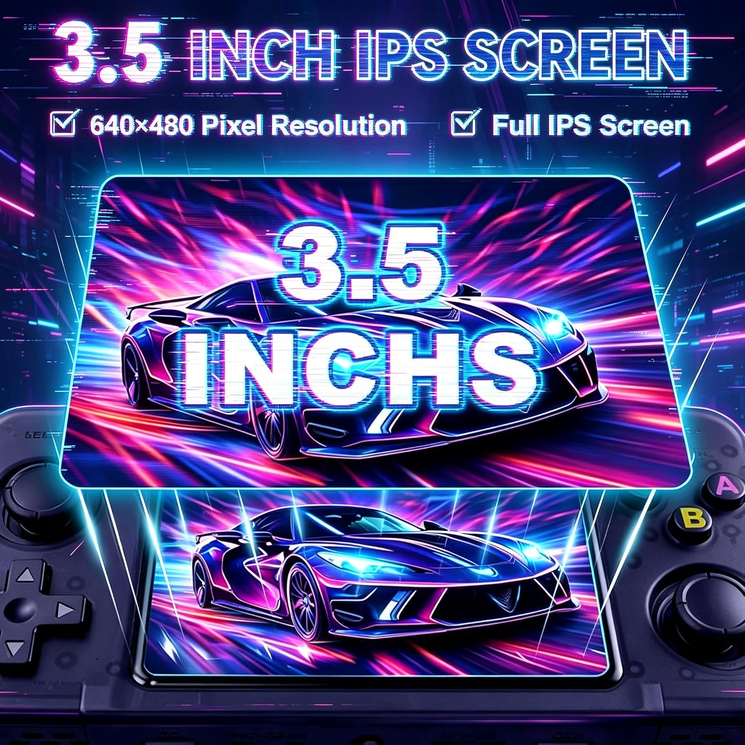 Eine Handheld-Spielkonsole zeigt eine lebendige Sportwagen-Grafik auf dem 3,5-Zoll-IPS-Bildschirm.
