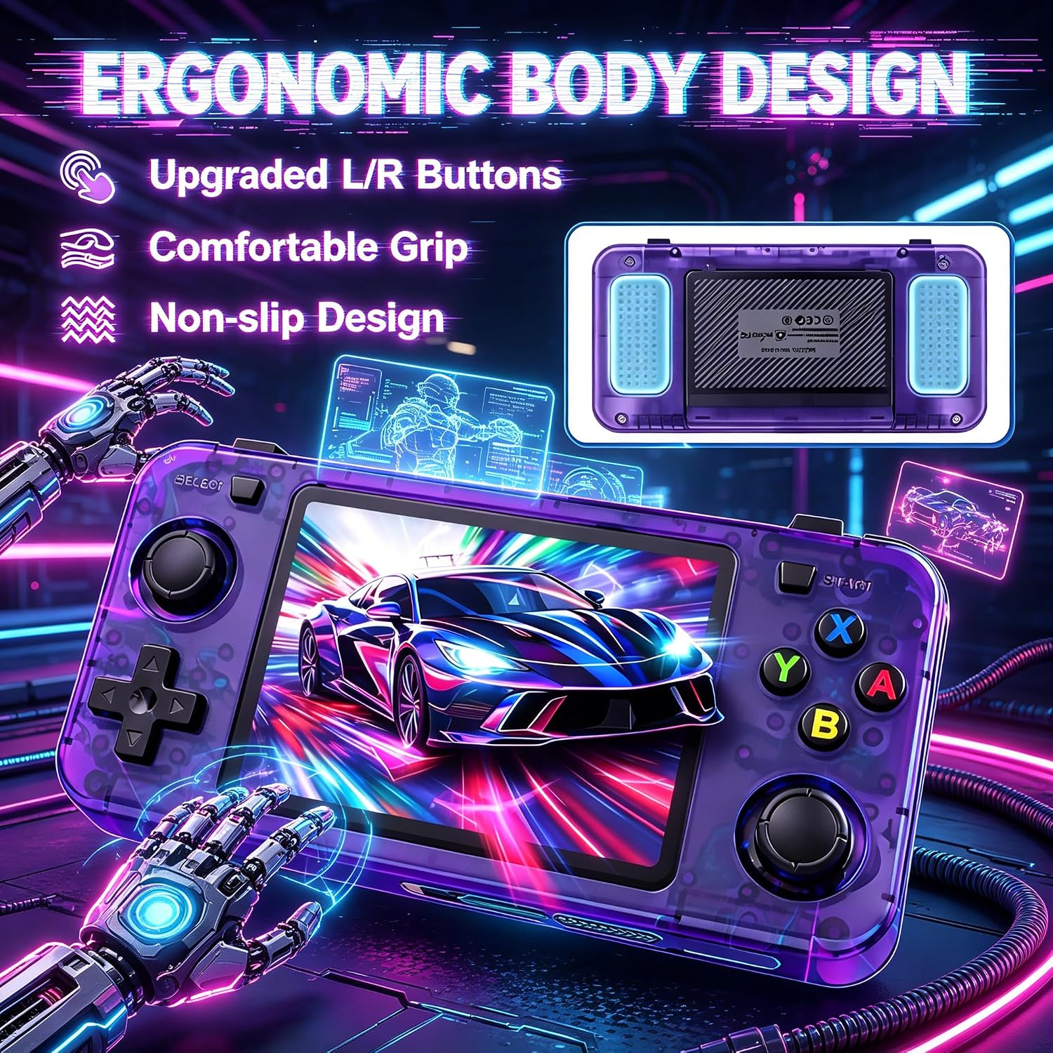 Lila Handheld-Spielekonsole mit Rennspiel auf dem Bildschirm und Roboterhänden.