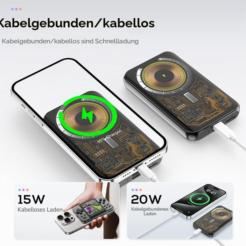Powerbank zeigt 15W kabelloses und 20W kabelgebundenes Laden.