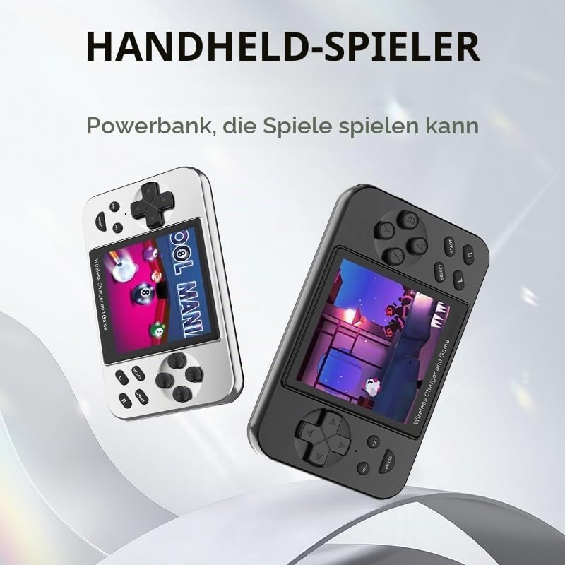 Zwei tragbare Spielekonsolen und Powerbanks, eine in Silber und eine in Schwarz, auf hellem Hintergrund.