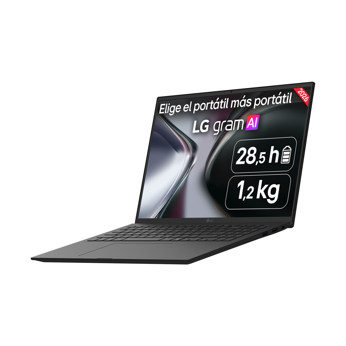 Un portátil gris LG Gram AI muestra texto promocional y especificaciones en su pantalla.