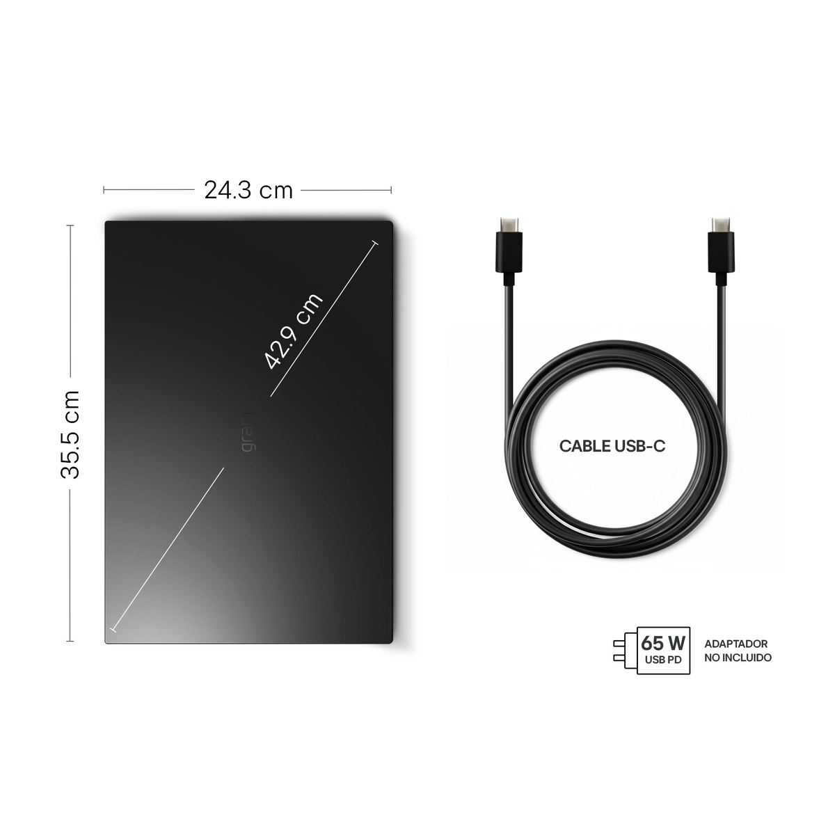 Diagrama que muestra dimensiones y cable USB-C.