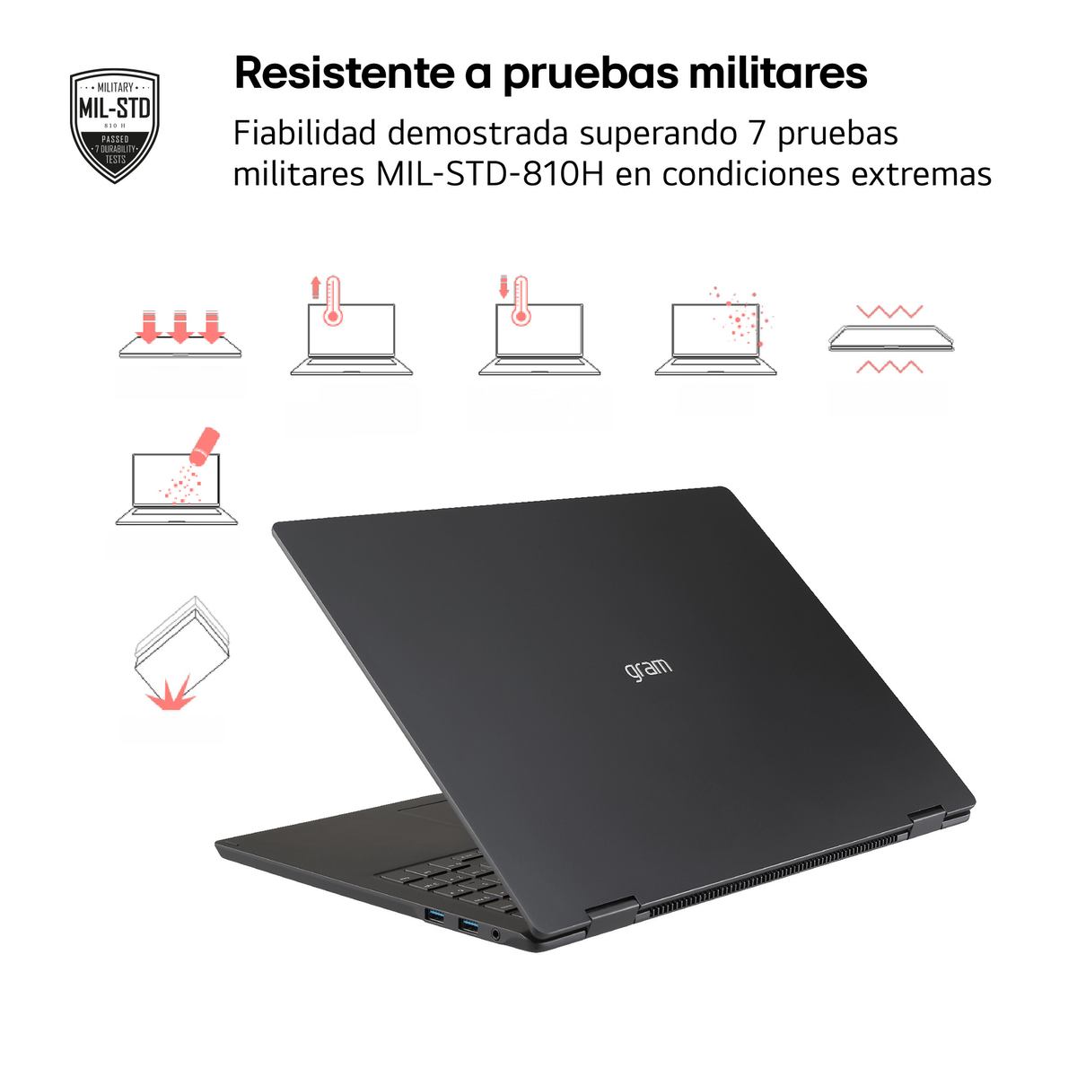 Portátil negro LG Gram con certificación MIL-STD-810H e iconos de prueba.