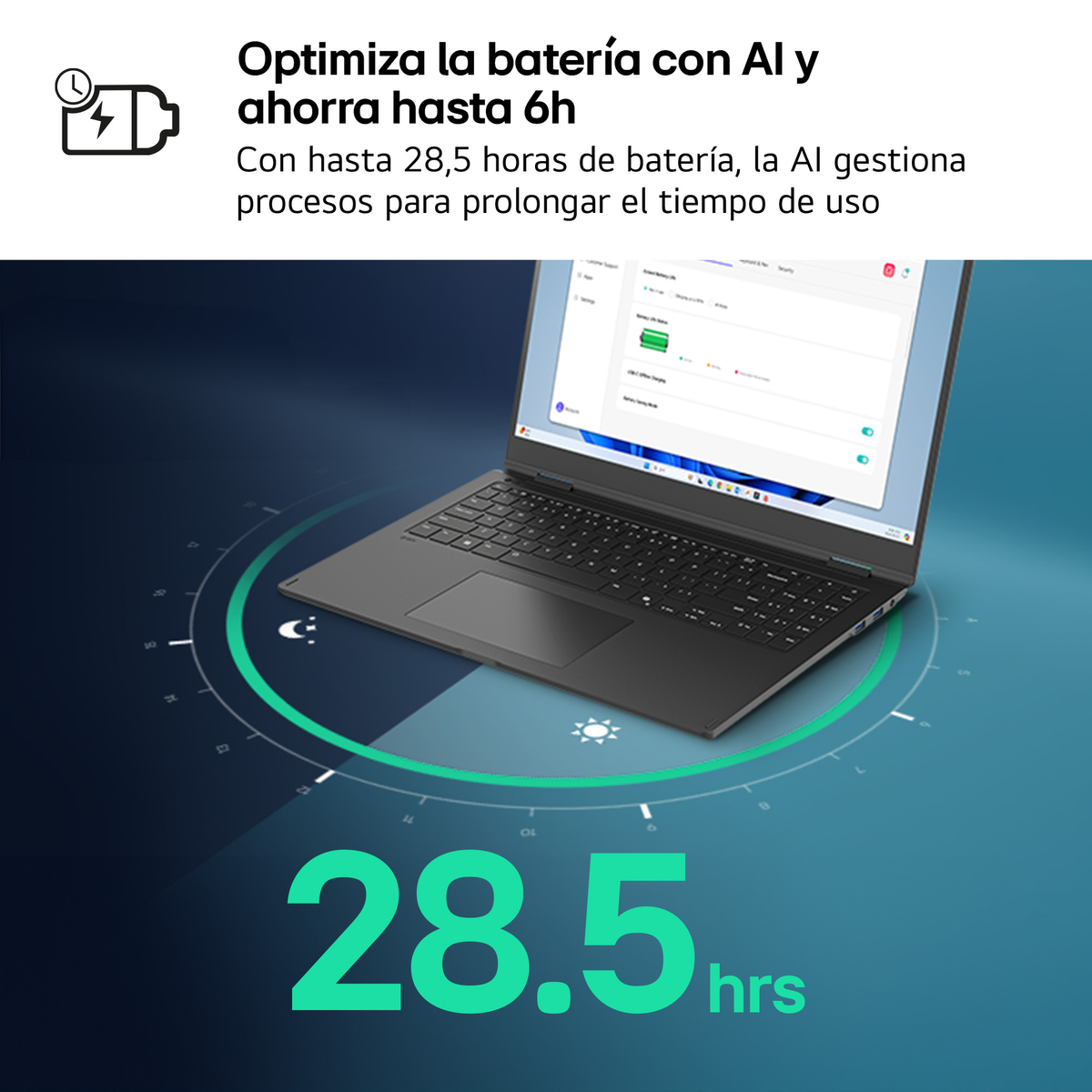 Un ordenador portátil sobre un fondo azul con gráficos verdes que muestran 28,5 horas de batería.