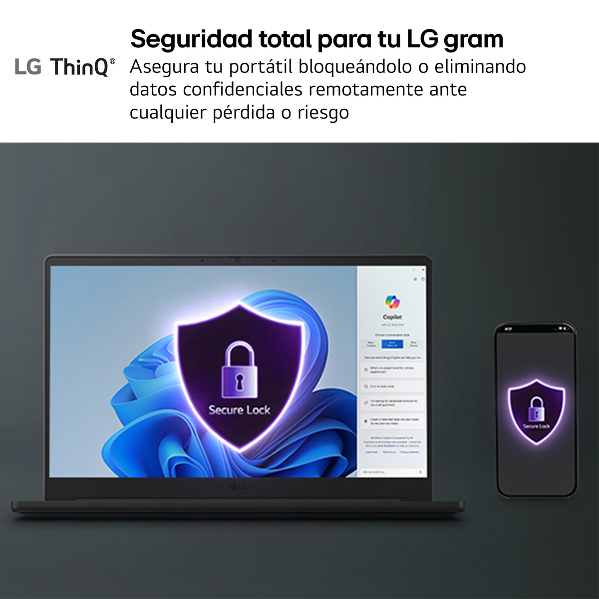 Portátil LG y smartphone mostrando la aplicación Secure Lock en pantallas sobre fondo oscuro.
