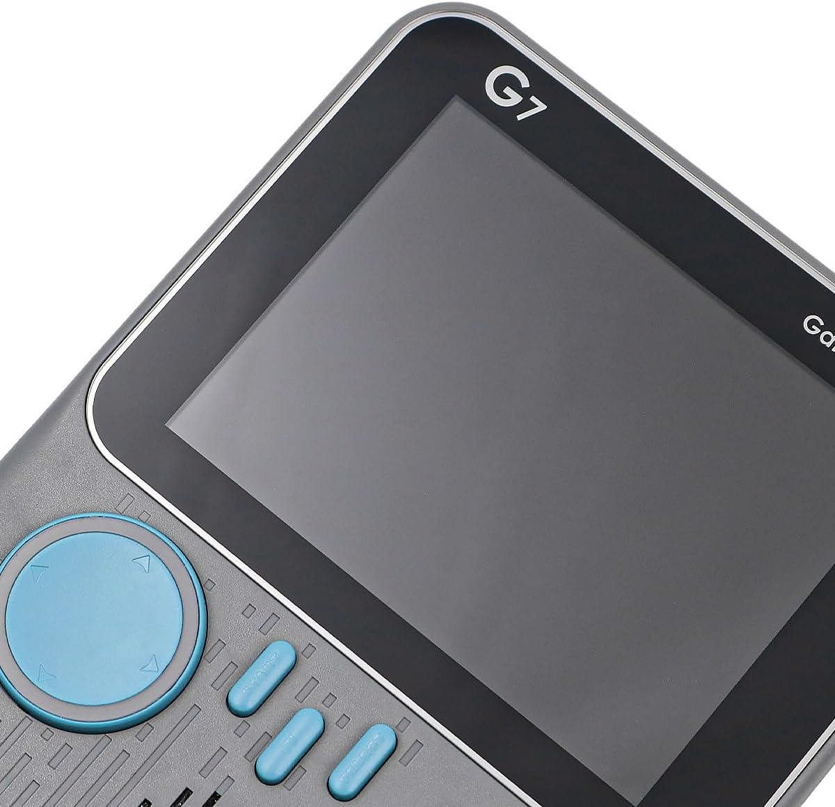 Graue Handheld-Spielekonsole mit blauem D-Pad und Tasten.