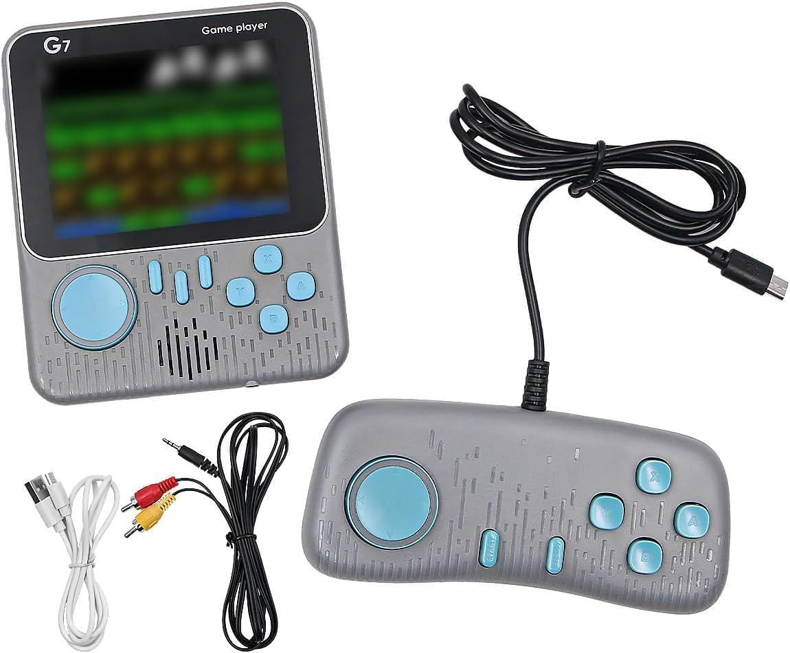 Tragbare graue G7-Spielkonsole mit einem Controller, Kabeln und AV-Kabel auf weißem Hintergrund.