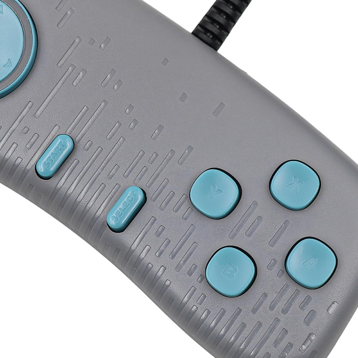 Ein grauer Gamepad-Controller mit blauen Tasten und gerilltem Design.