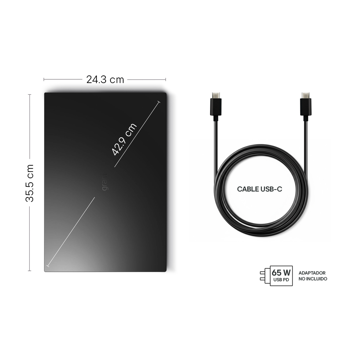 Diagrama con dimensiones de laptop de 35,5x24,3 cm, diagonal 42,9 cm, cable USB-C y adaptador de 65W no incluido.