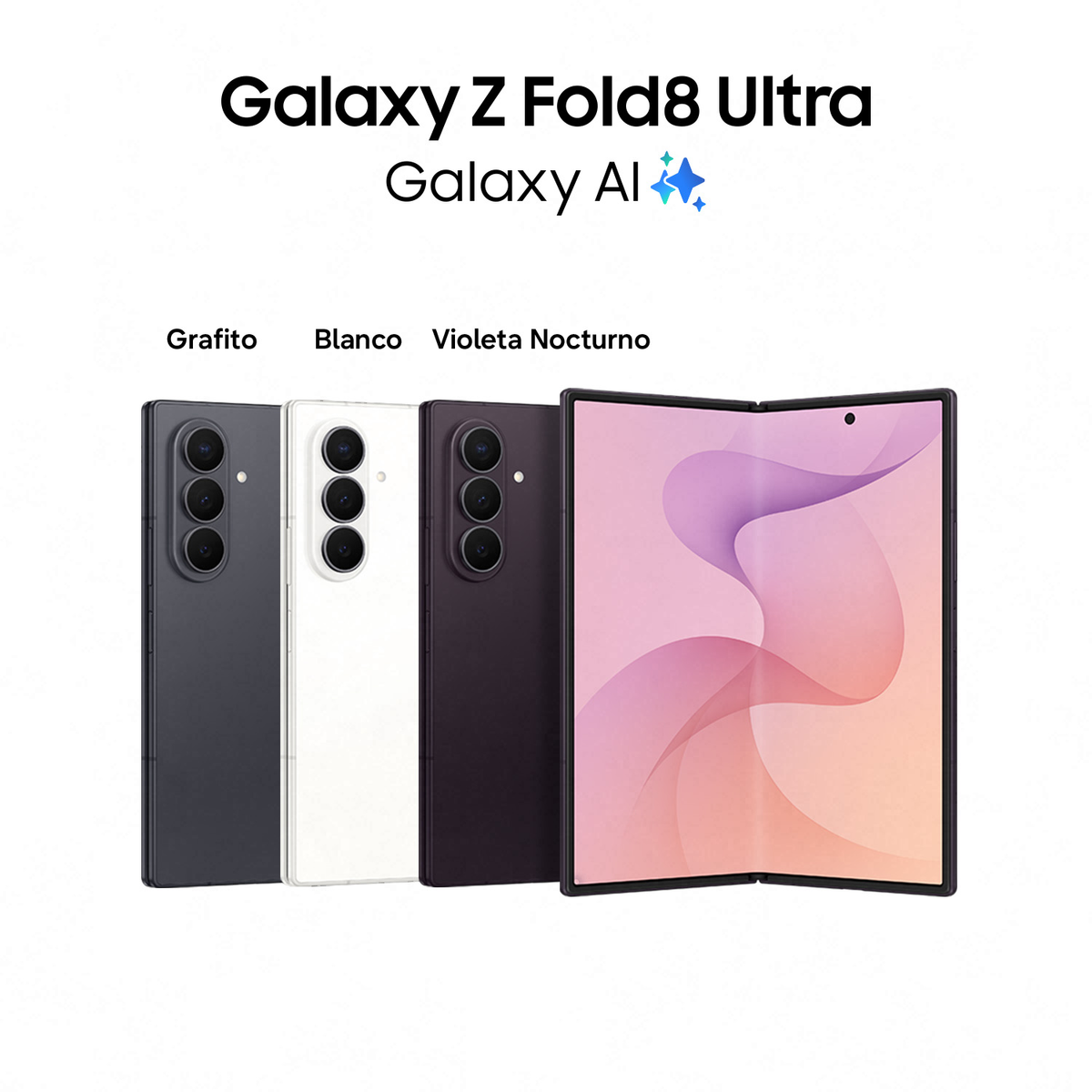 Tre smartphone Galaxy Z Fold8 Ultra in Grafito, Blanco e Violeta Nocturno, uno aperto.