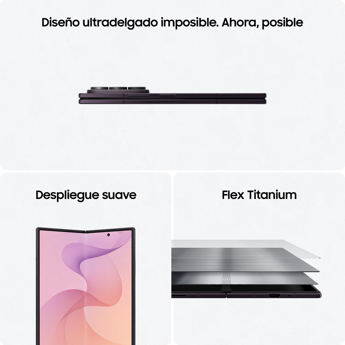 Tre sezioni che mostrano profilo del telefono pieghevole sottile, schermo liscio e struttura in titanio.