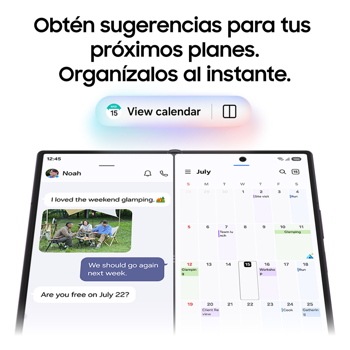 Schermo dello smartphone con chat, foto e calendario di luglio.