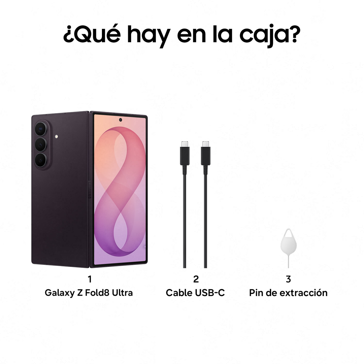 Infografica che mostra il contenuto di una scatola: uno smartphone scuro, un cavo USB-C e una spilla SIM.