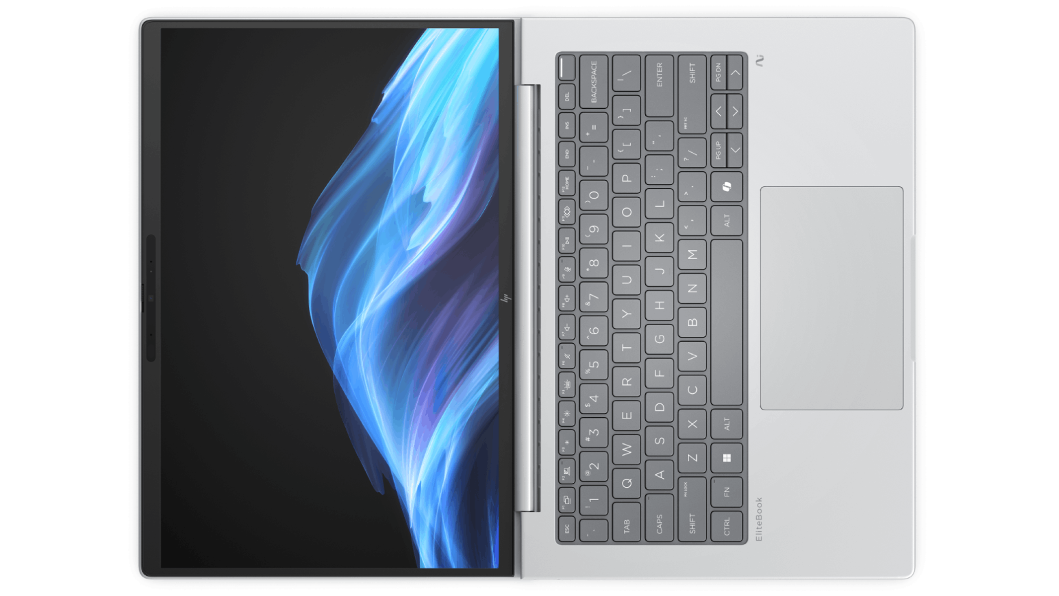 Vista superior de un portátil plateado con un gráfico de pantalla abstracto azul y teclado gris.
