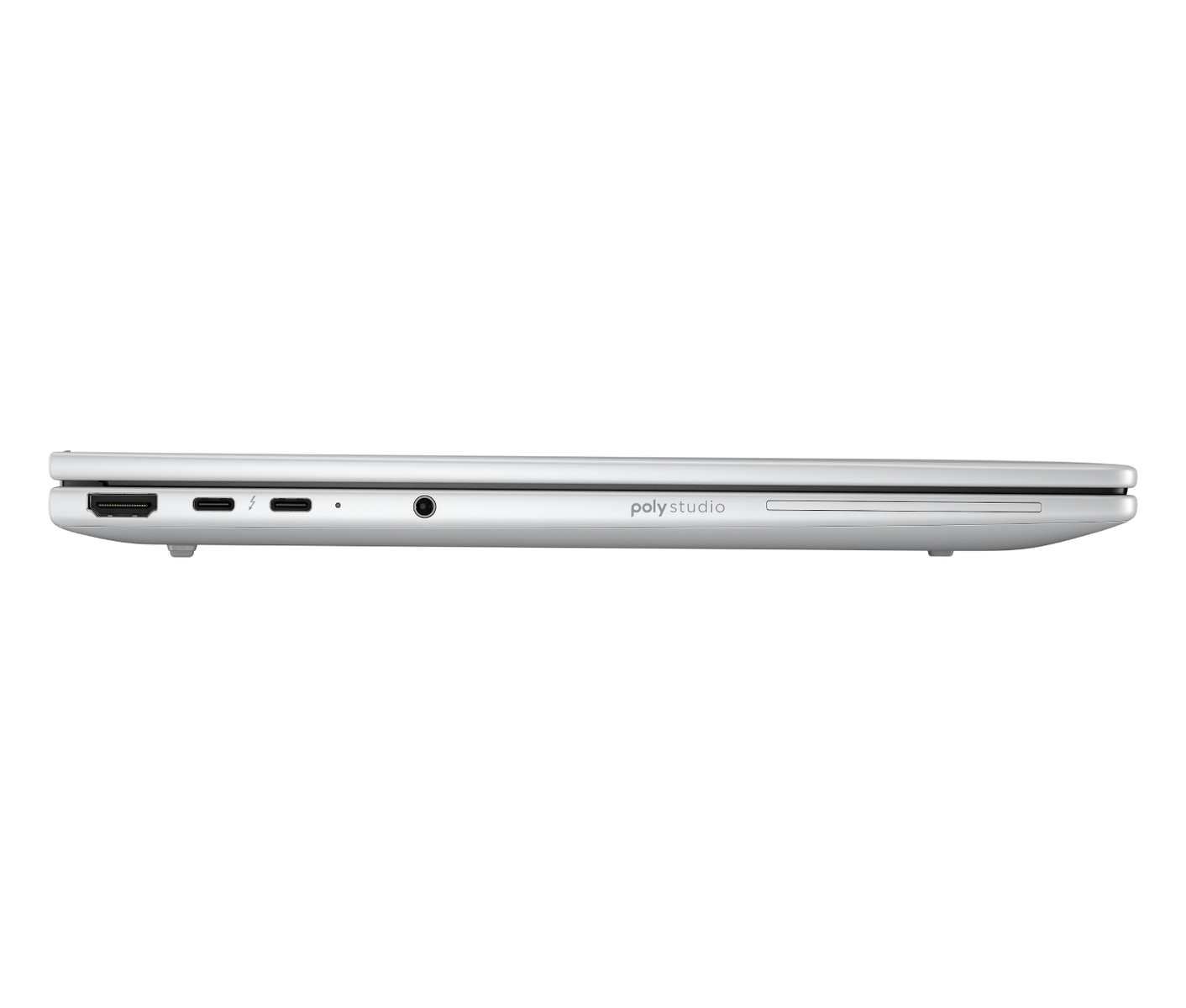 Vista lateral de una laptop plateada cerrada con puertos y la marca Poly Studio.