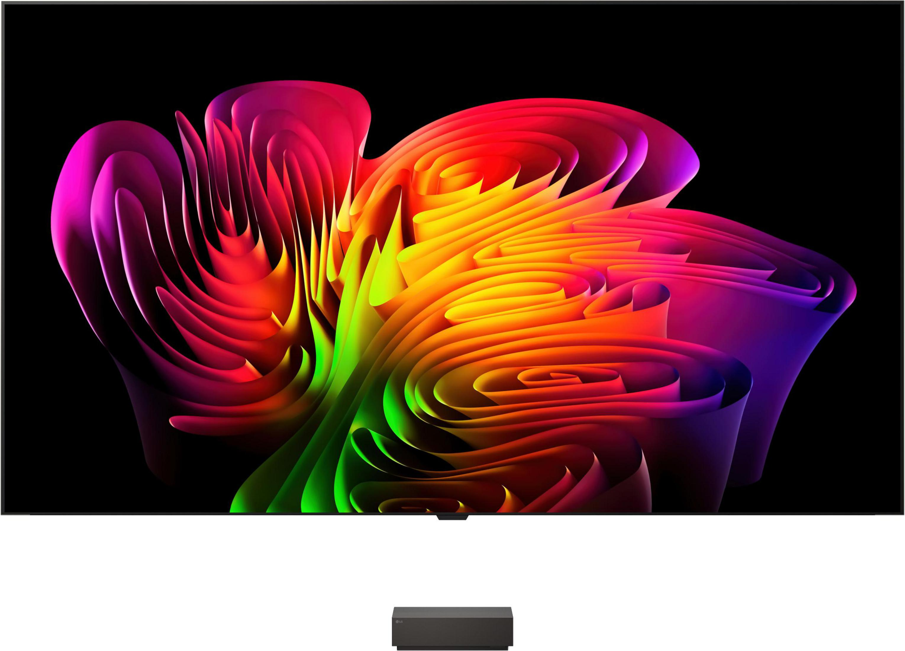 Un televisore mostra un motivo astratto e colorato con onde rosa, rosse, gialle e verdi su sfondo nero.