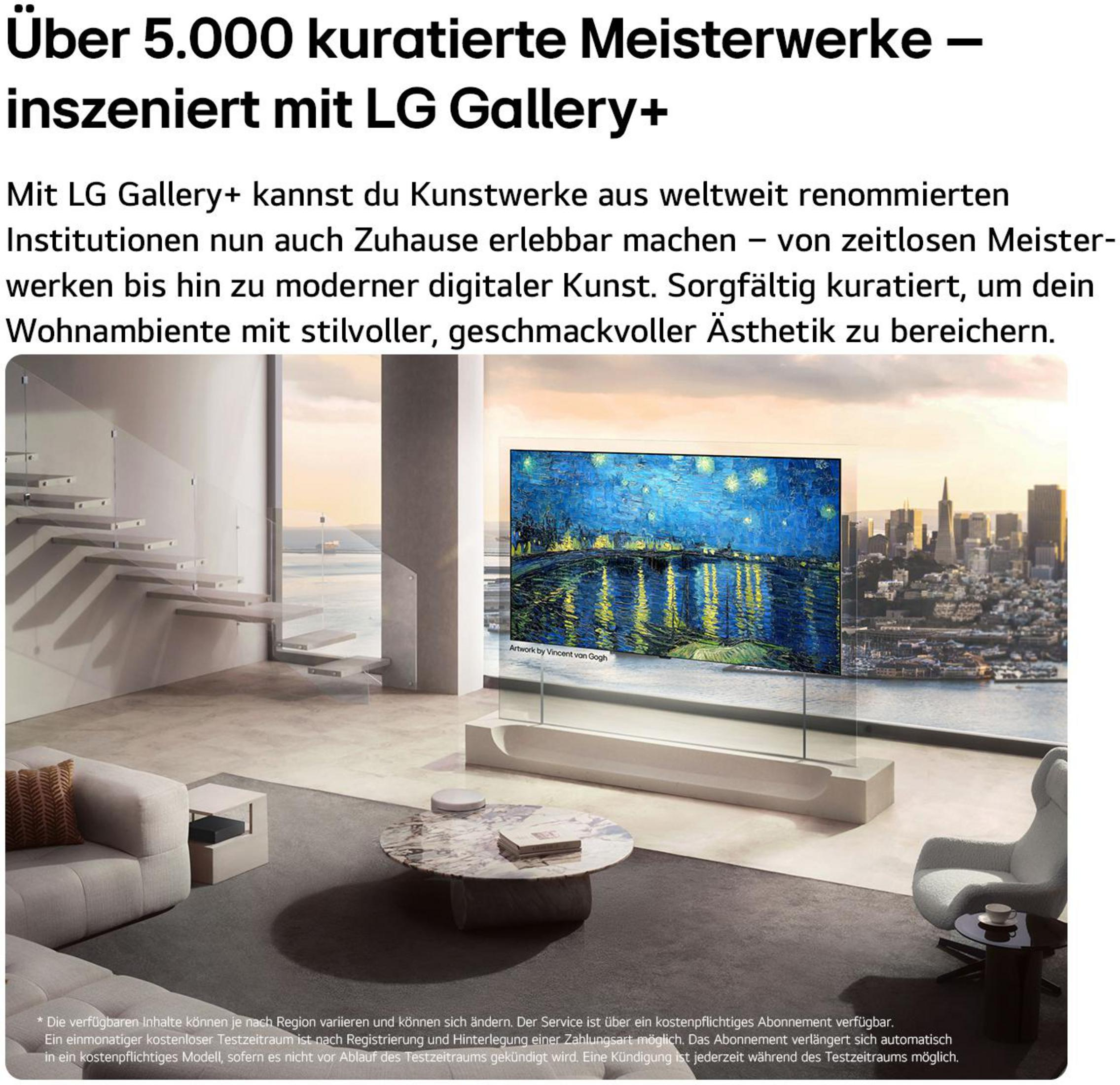 Una TV trasparente LG mostra Notte stellata di Van Gogh in un soggiorno moderno con vista sulla città.