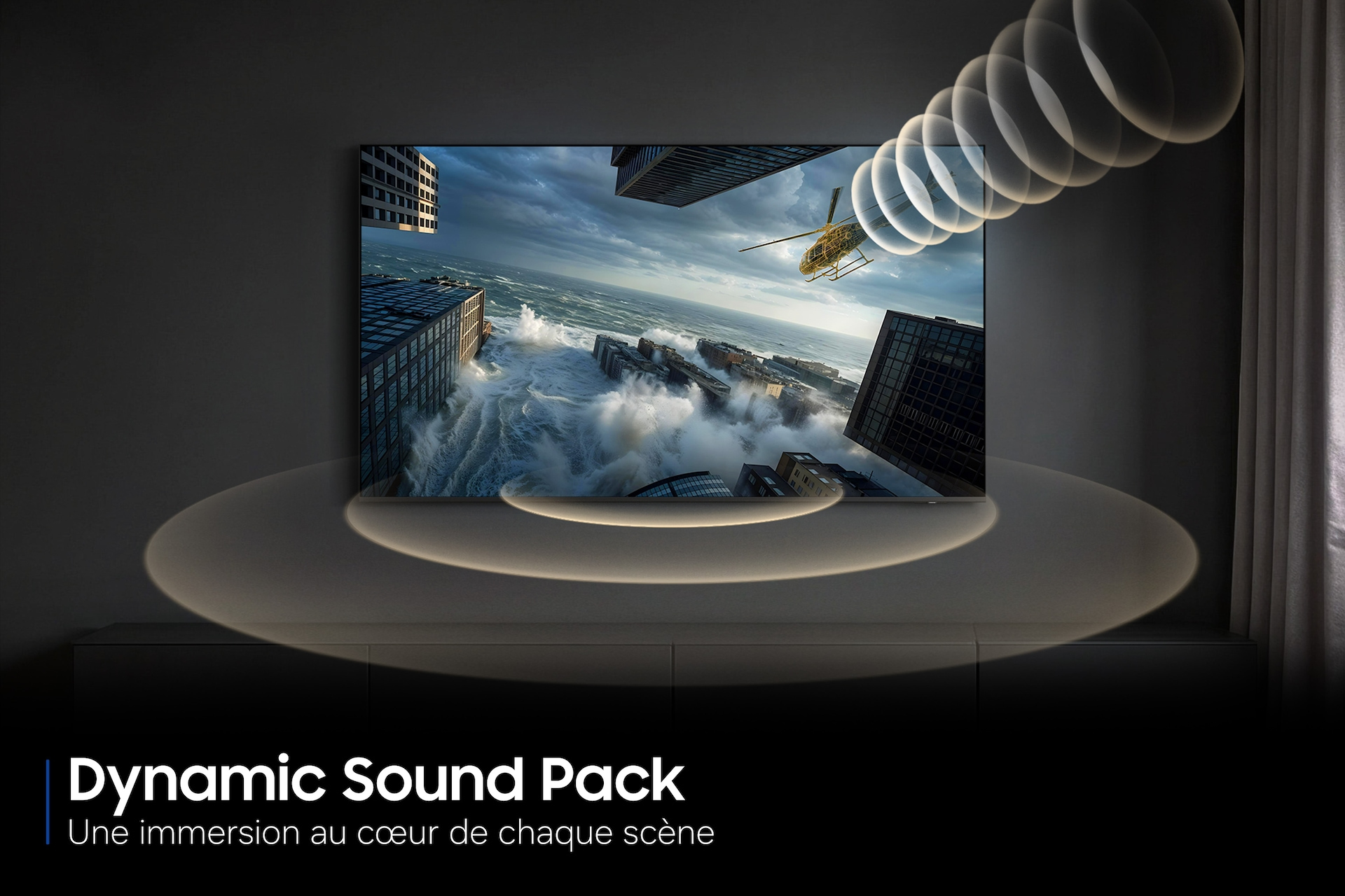 Una TV mostra una scena dinamica di città e oceano con onde sonore.