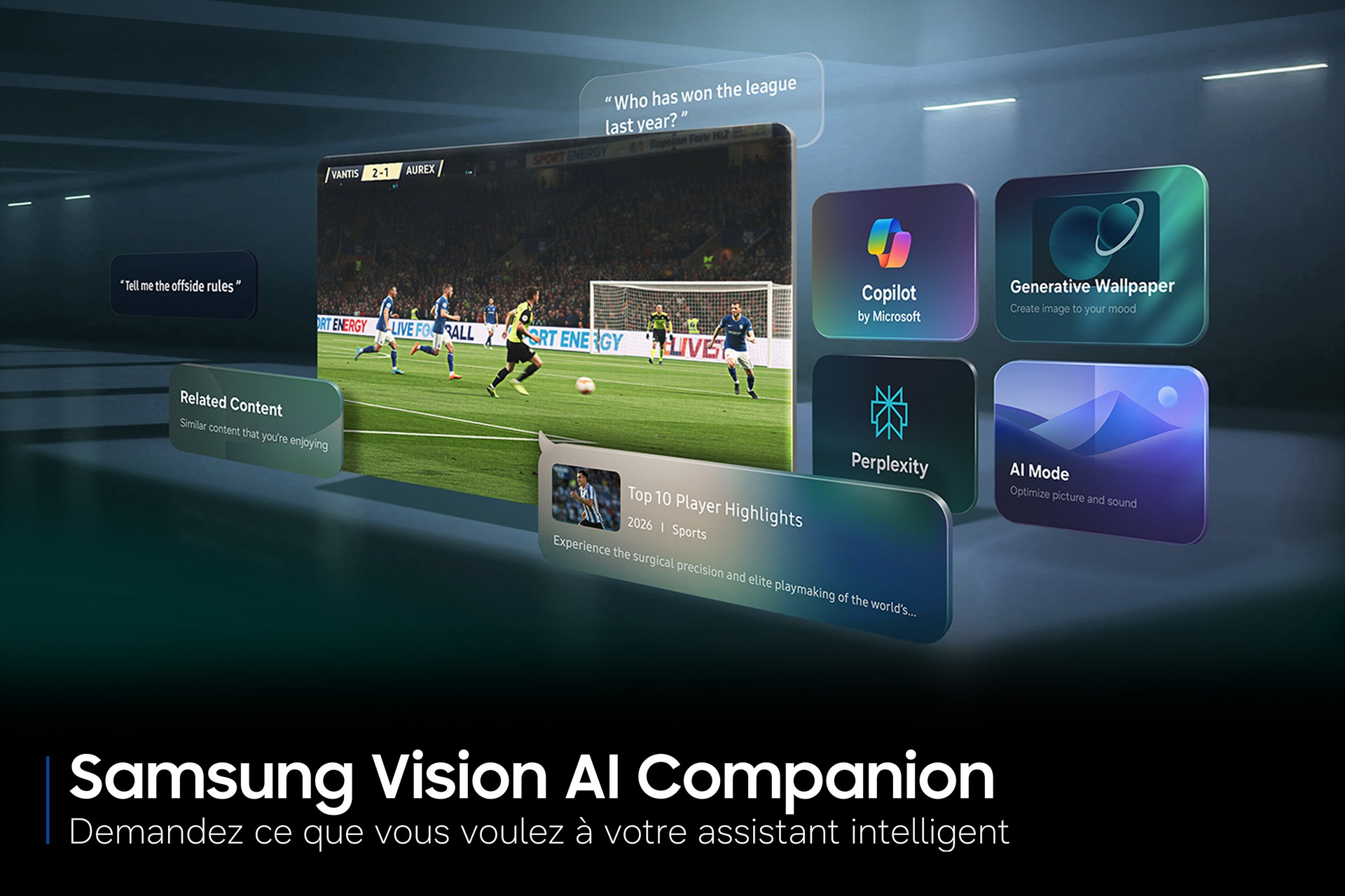 Samsung Vision AI Companion mostra una partita di calcio sullo schermo con funzioni IA.