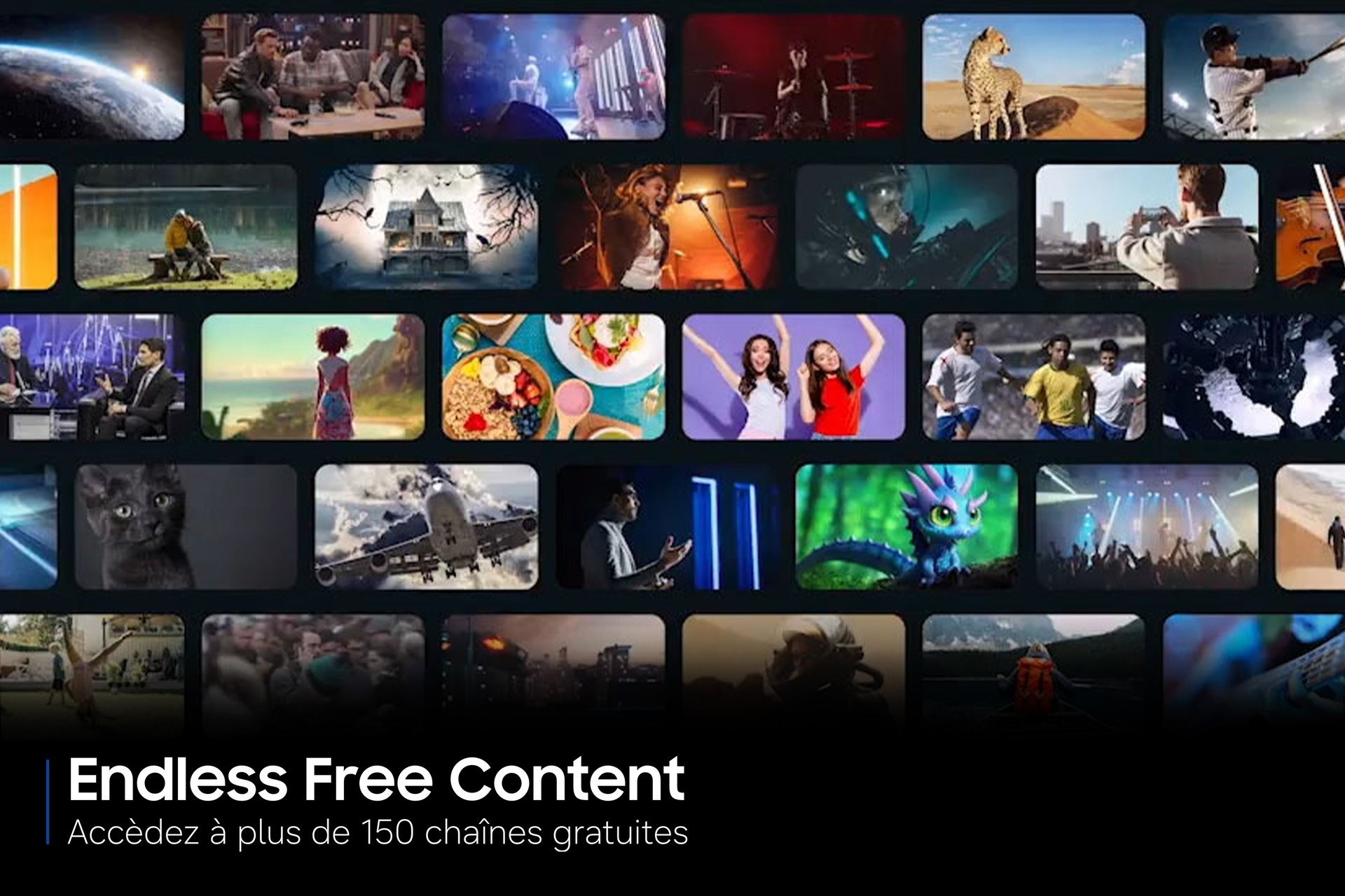 Uno schermo che mostra diverse anteprime di filmati e video con il testo Endless Free Content.