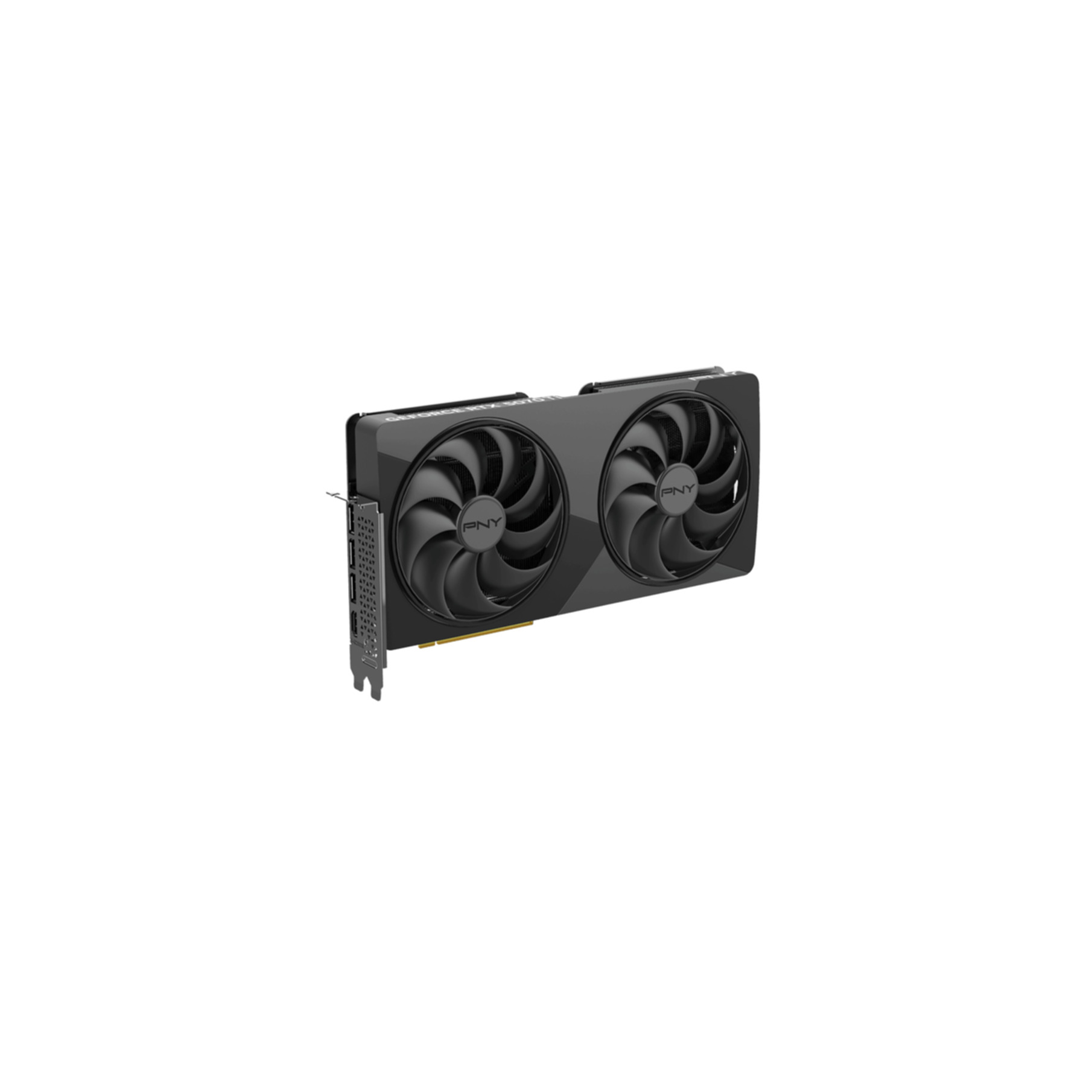 Zwarte PNY-videokaart met twee ventilatoren op een witte achtergrond.