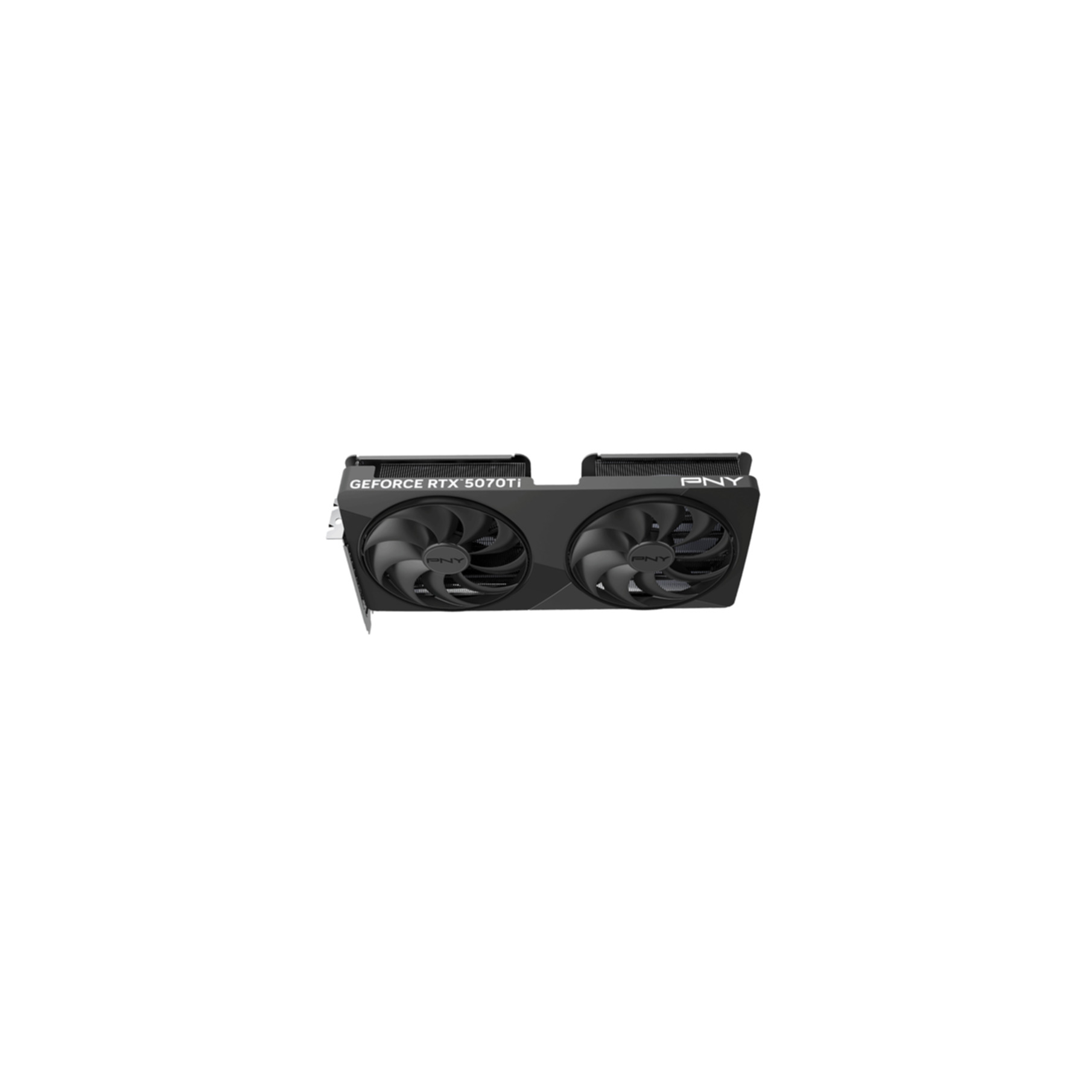 Een zwarte PNY GeForce RTX 5070 Ti videokaart met twee ventilatoren op een witte achtergrond.