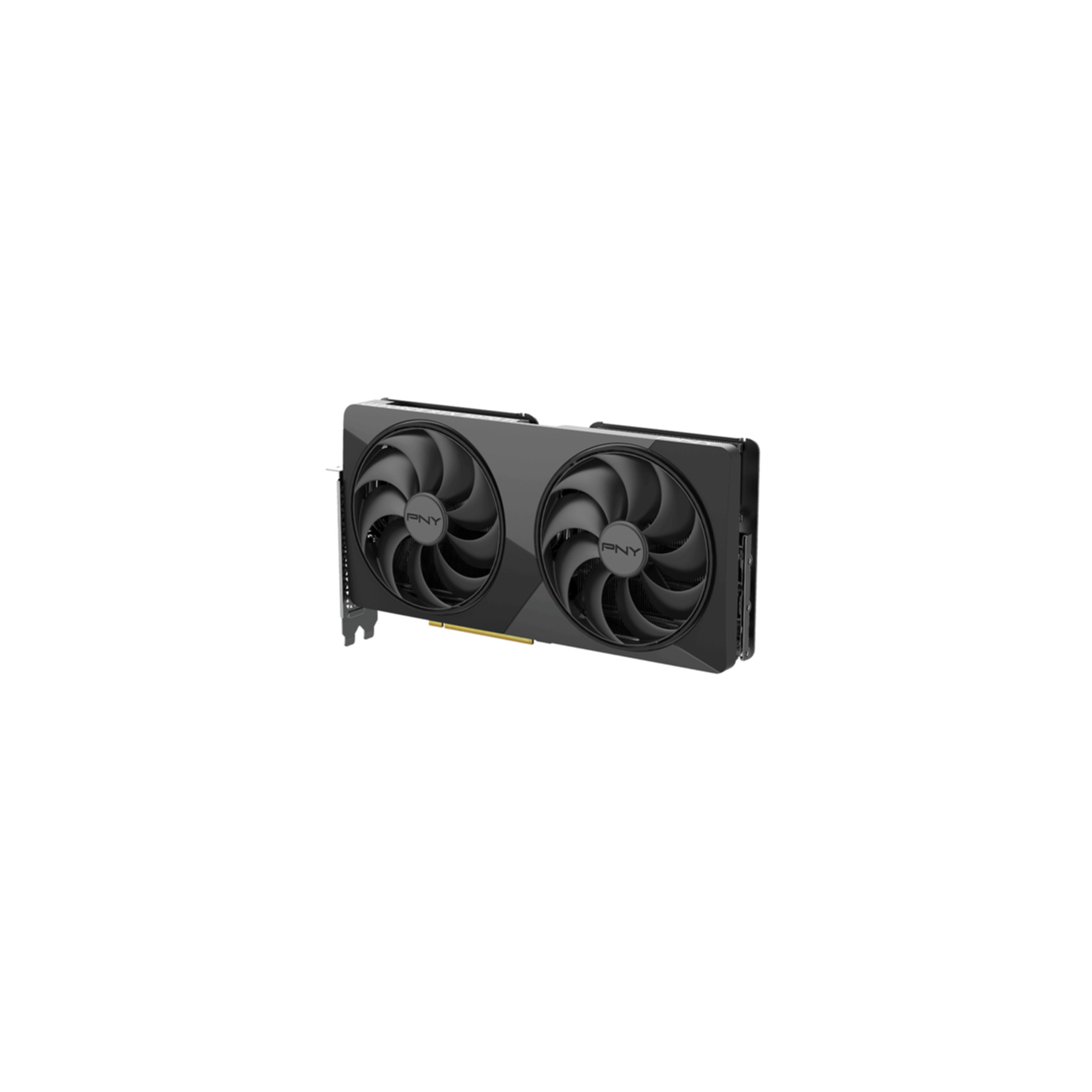 Zwarte PNY-grafische kaart met twee ventilatoren op een witte achtergrond.