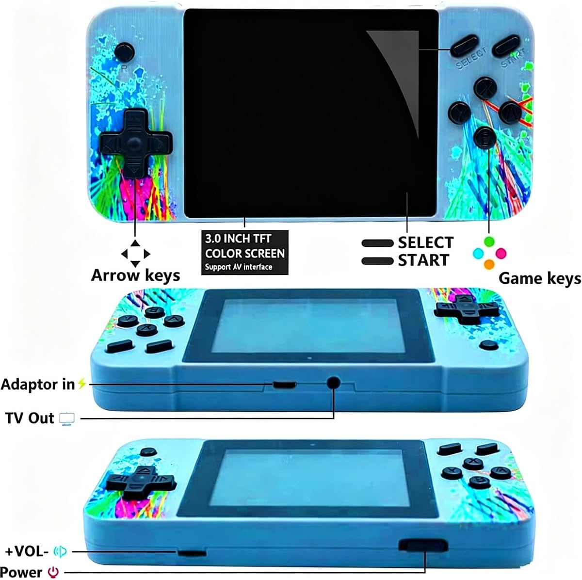 Blaue Handheld-Spielkonsole mit buntem Spritzmuster, Tasten und Anschlüssen.