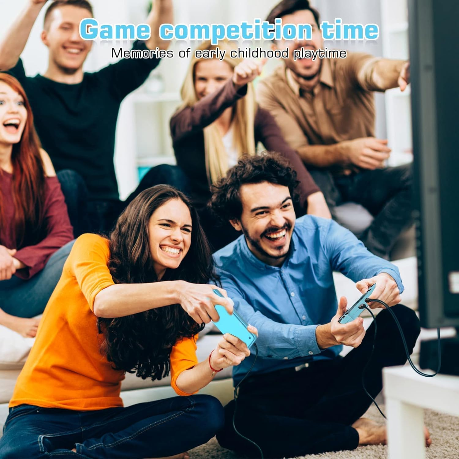 Freunde spielen zusammen Videospiele auf einer Konsole und haben viel Spaß.