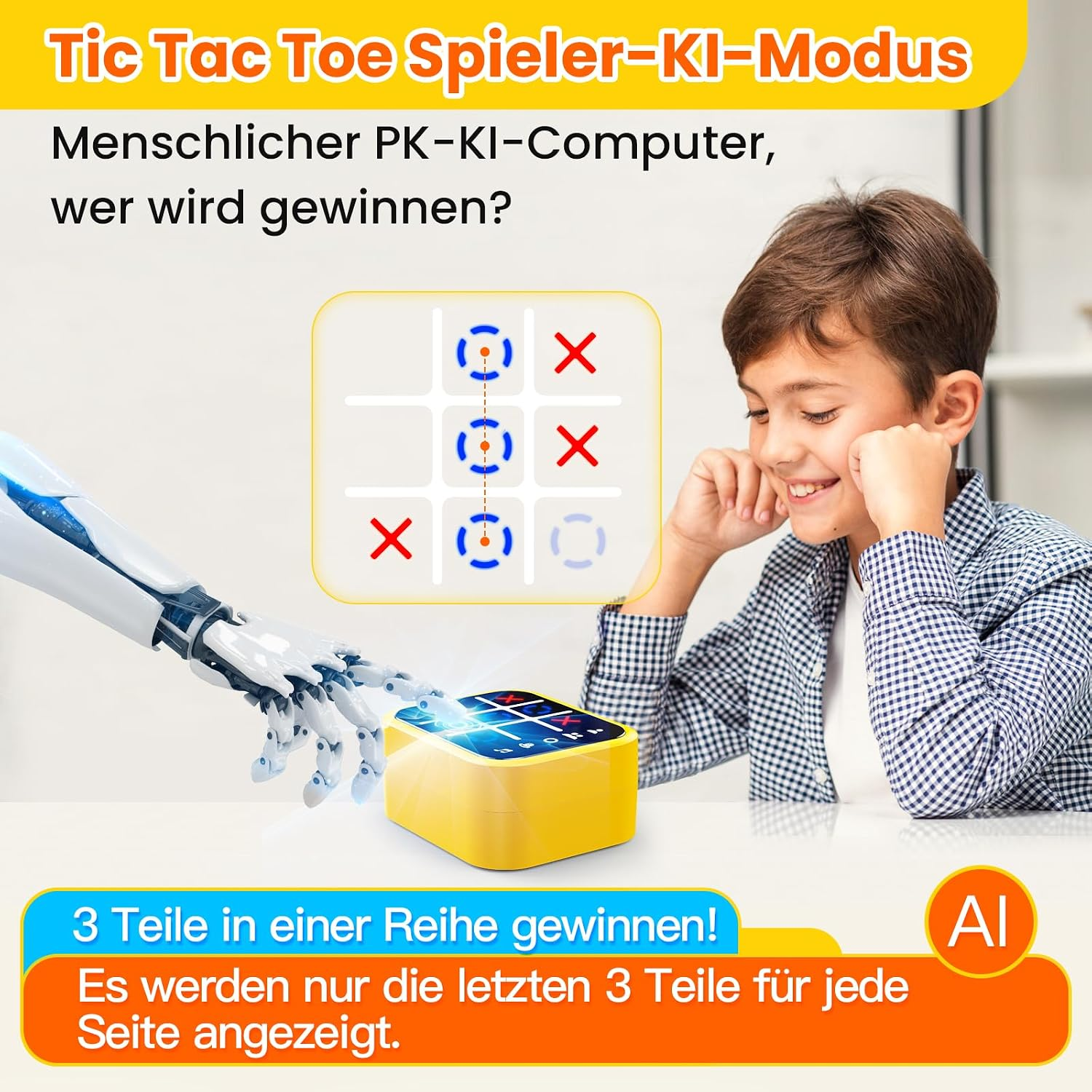 Ein Junge und ein Roboter spielen Tic Tac Toe auf einem gelben Gerät, begleitet von deutschem Text.