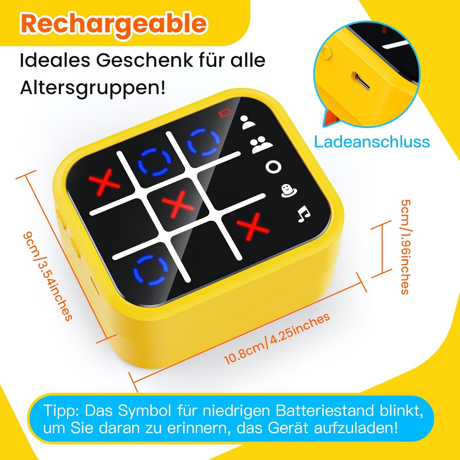 Gelbes, wiederaufladbares elektronisches Tic-Tac-Toe-Spiel mit Maßen und Ladeanschluss.